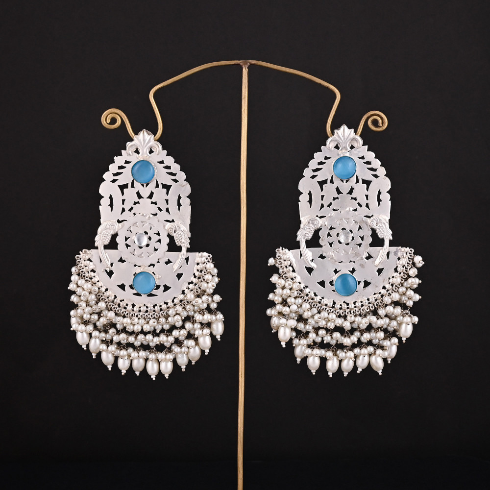 Image of Blue Cat'seye, Cubic Zirconia, Pearl's Stone German Silver Ethnic Design Dangle Earring