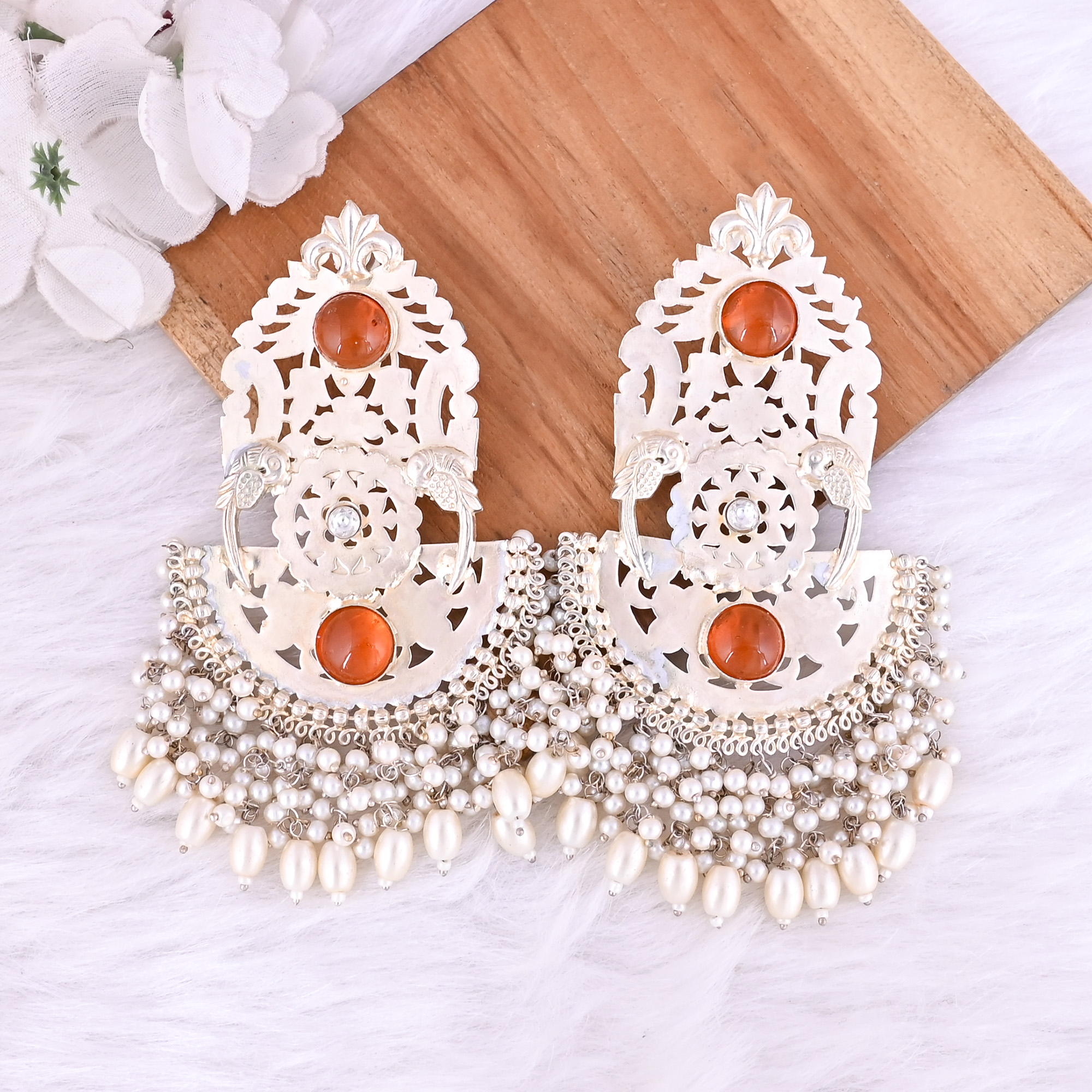 Synthetic Amber Cubic Zirconia  Pearl Stone German Silver Ethnic Design Dangle Earring