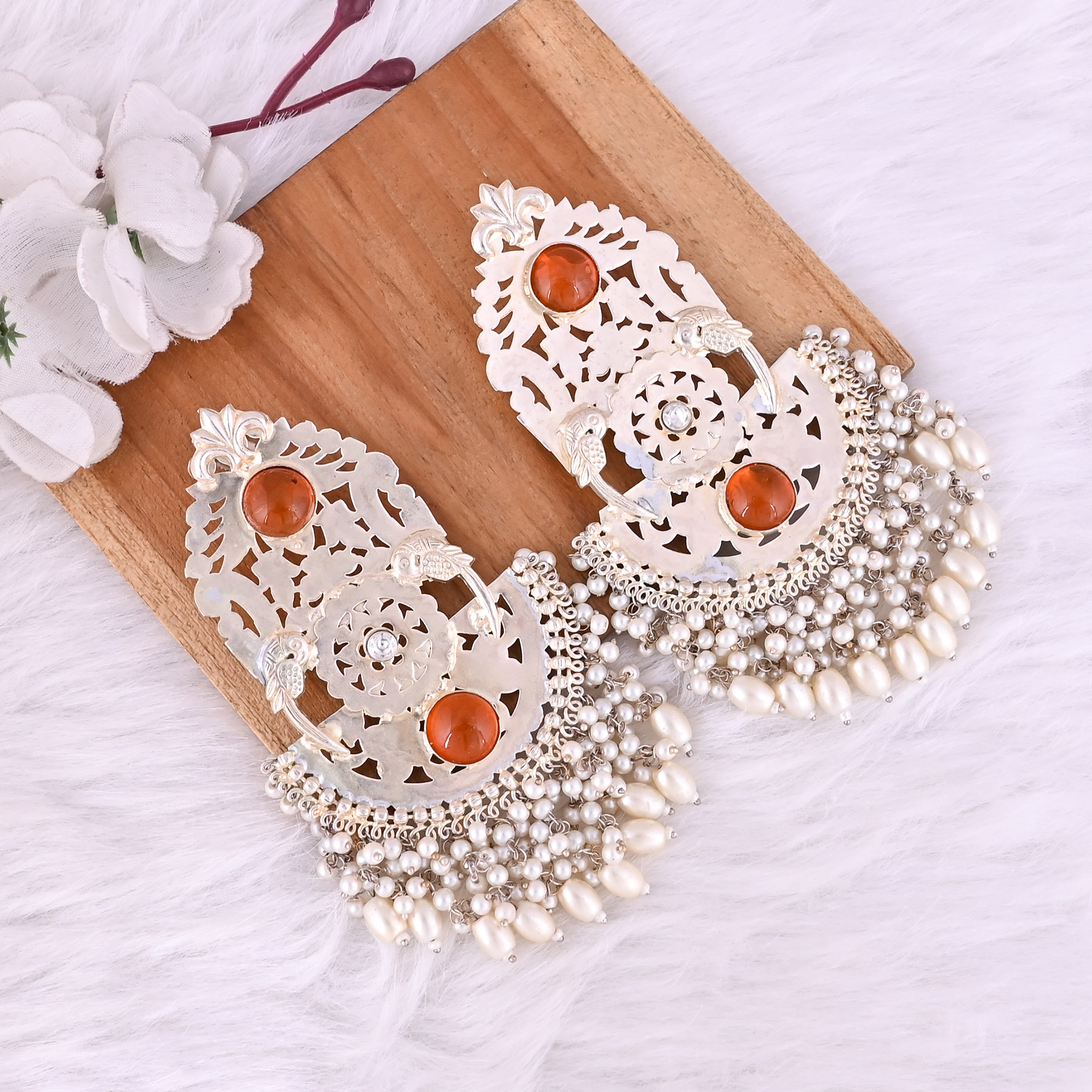 Synthetic Amber Cubic Zirconia Pearl Stone German Silver Ethnic Design Dangle Earring
