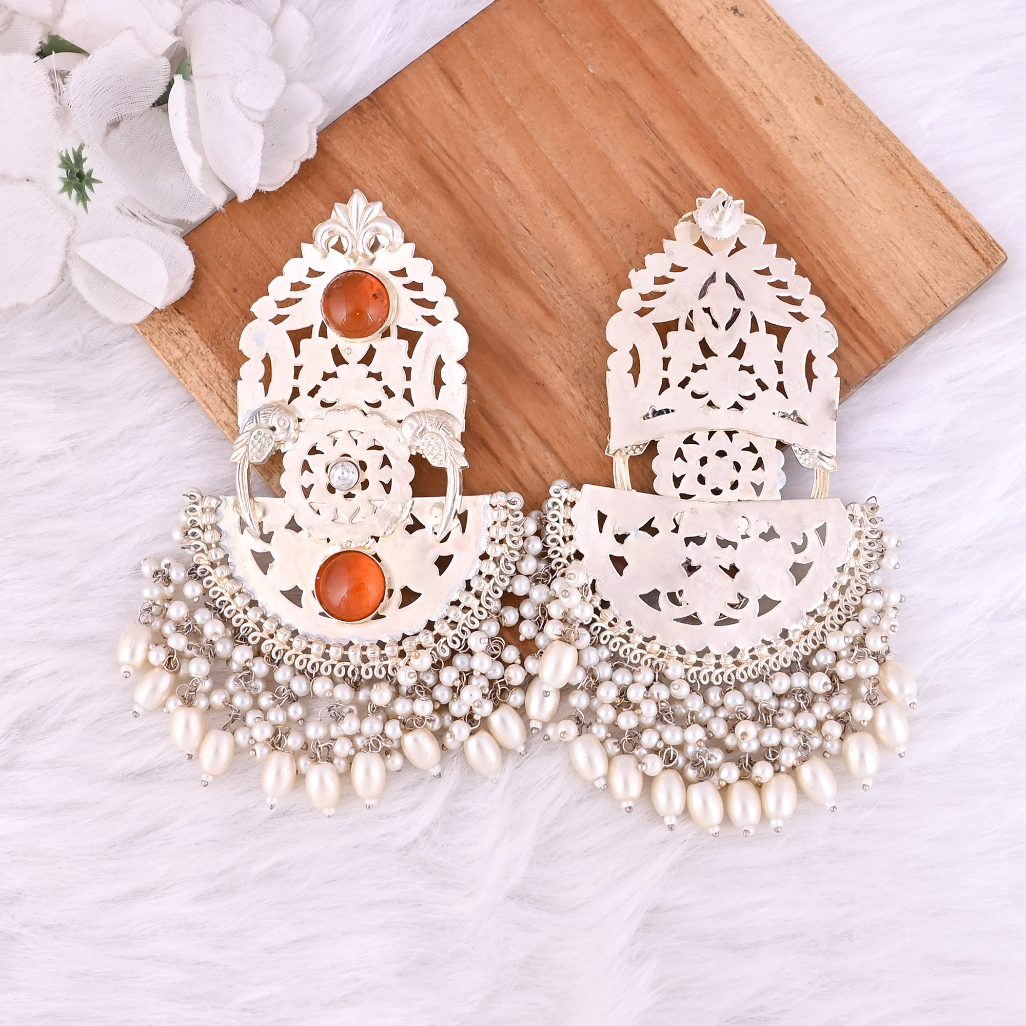Synthetic Amber Cubic Zirconia Pearl Stone German Silver Ethnic Design Dangle Earring