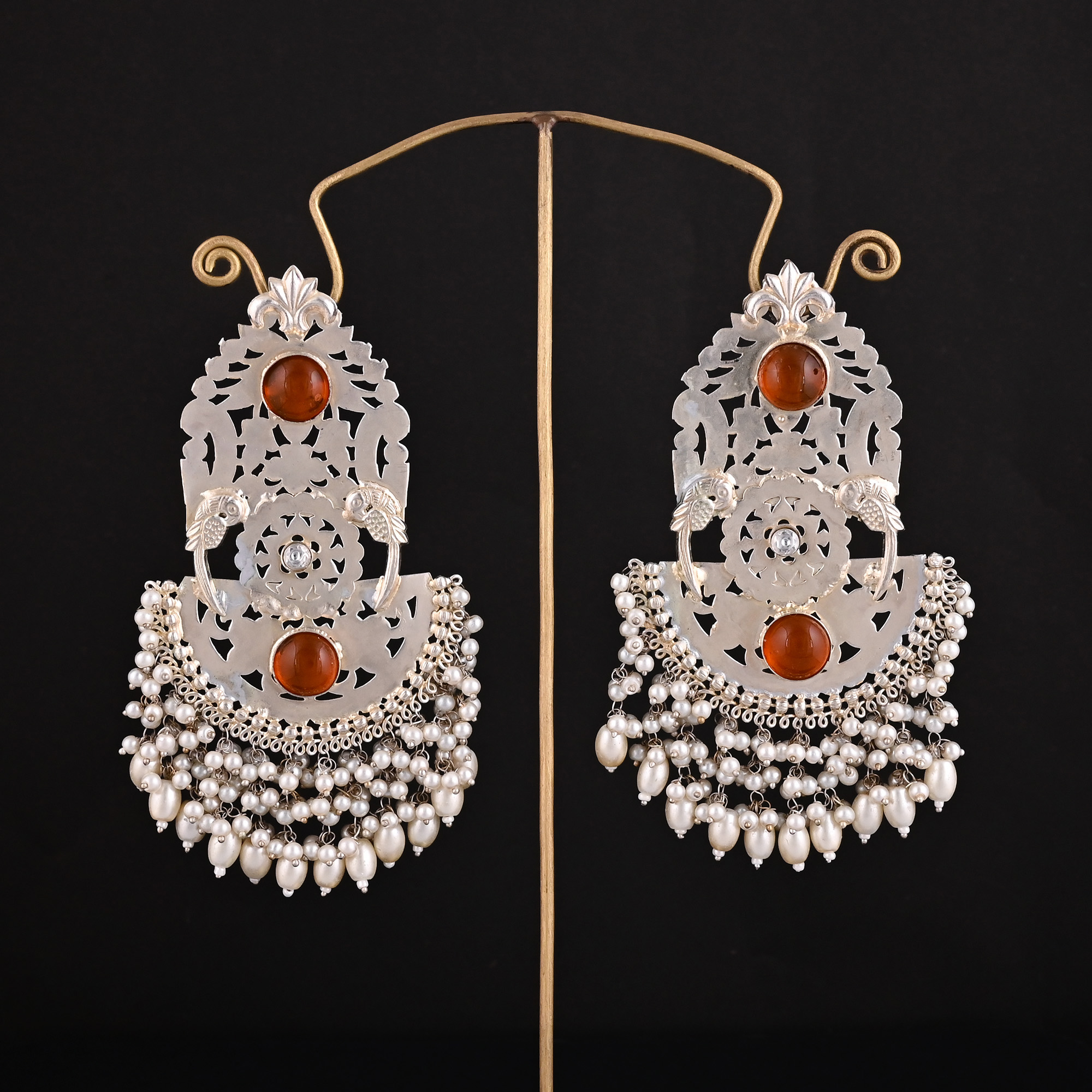 Synthetic Amber Cubic Zirconia Pearl Stone German Silver Ethnic Design Dangle Earring