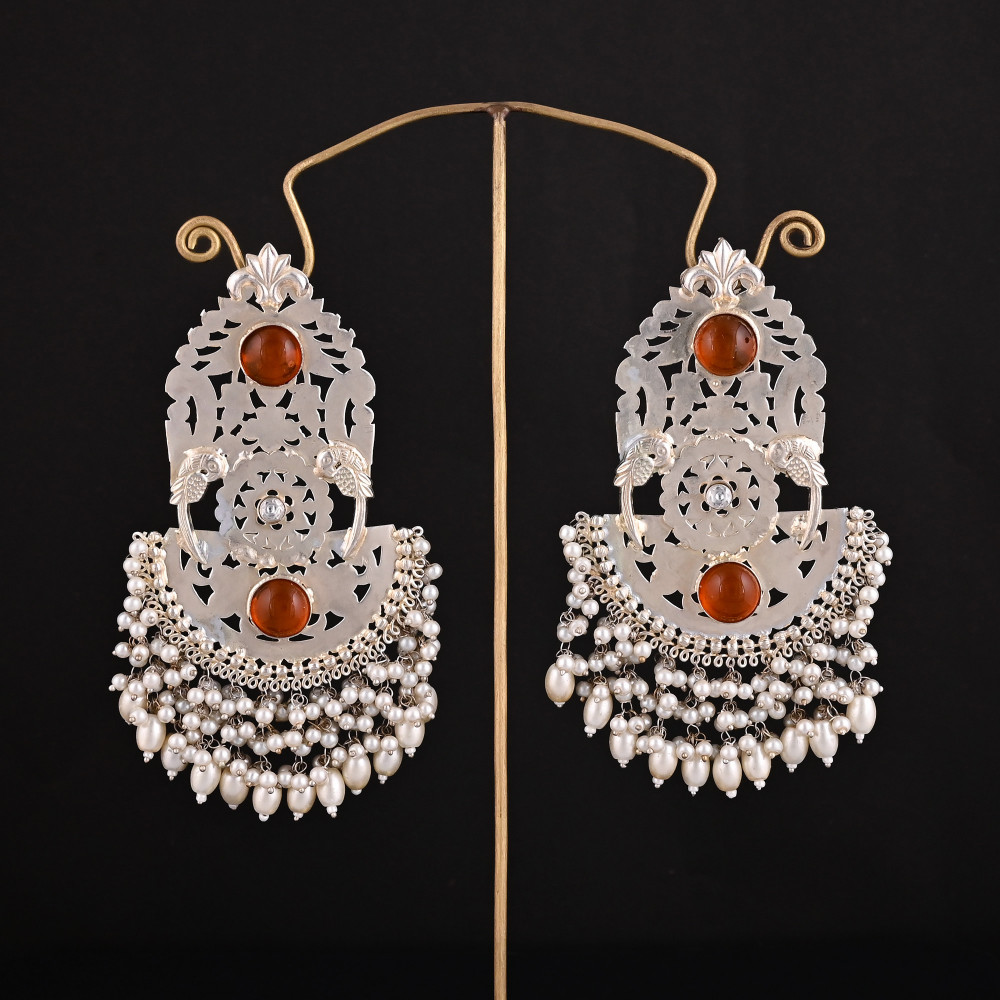 Image of Synthetic Amber, Cubic Zirconia , Pearl Stone German Silver Ethnic Design Dangle Earring