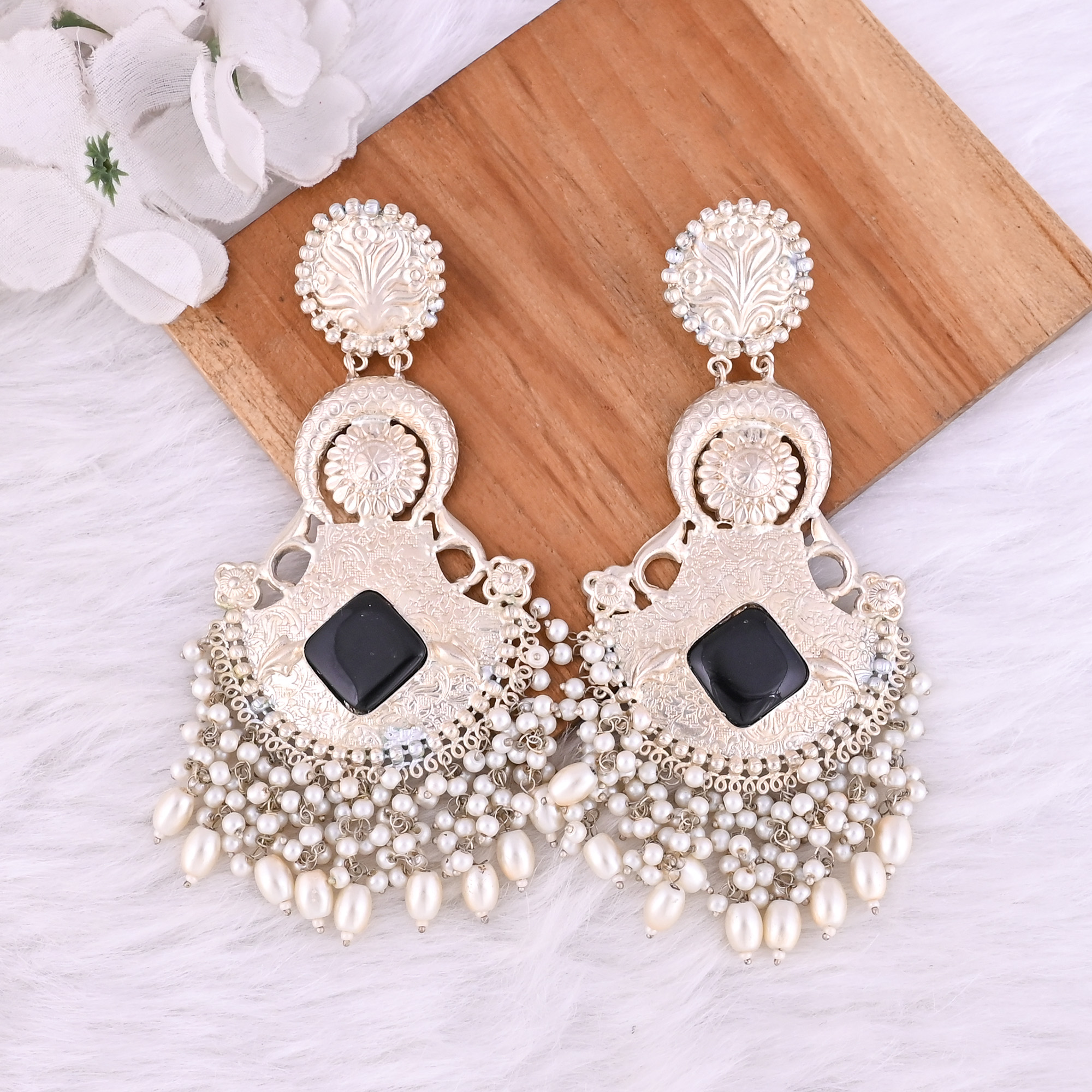 Black Onyx Pearl Stone German Silver Ethnic Design Dangle Earring