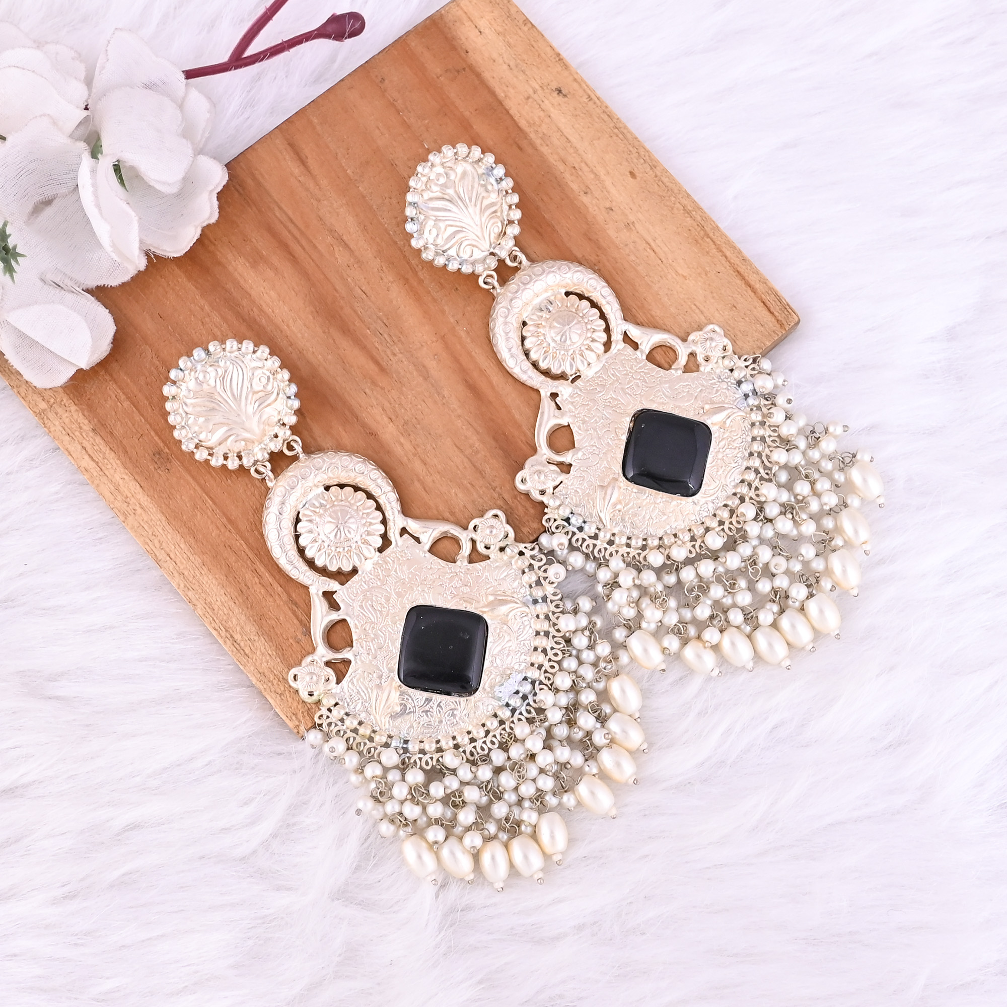Black Onyx Pearl Stone German Silver Ethnic Design Dangle Earring