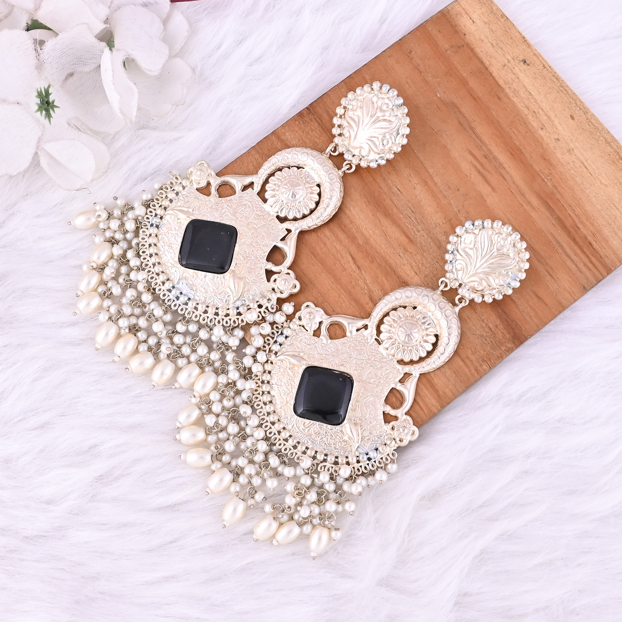 Black Onyx Pearl Stone German Silver Ethnic Design Dangle Earring