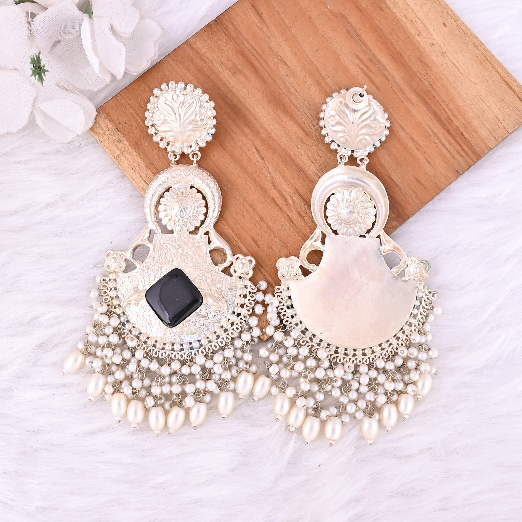 Black Onyx Pearl Stone German Silver Ethnic Design Dangle Earring