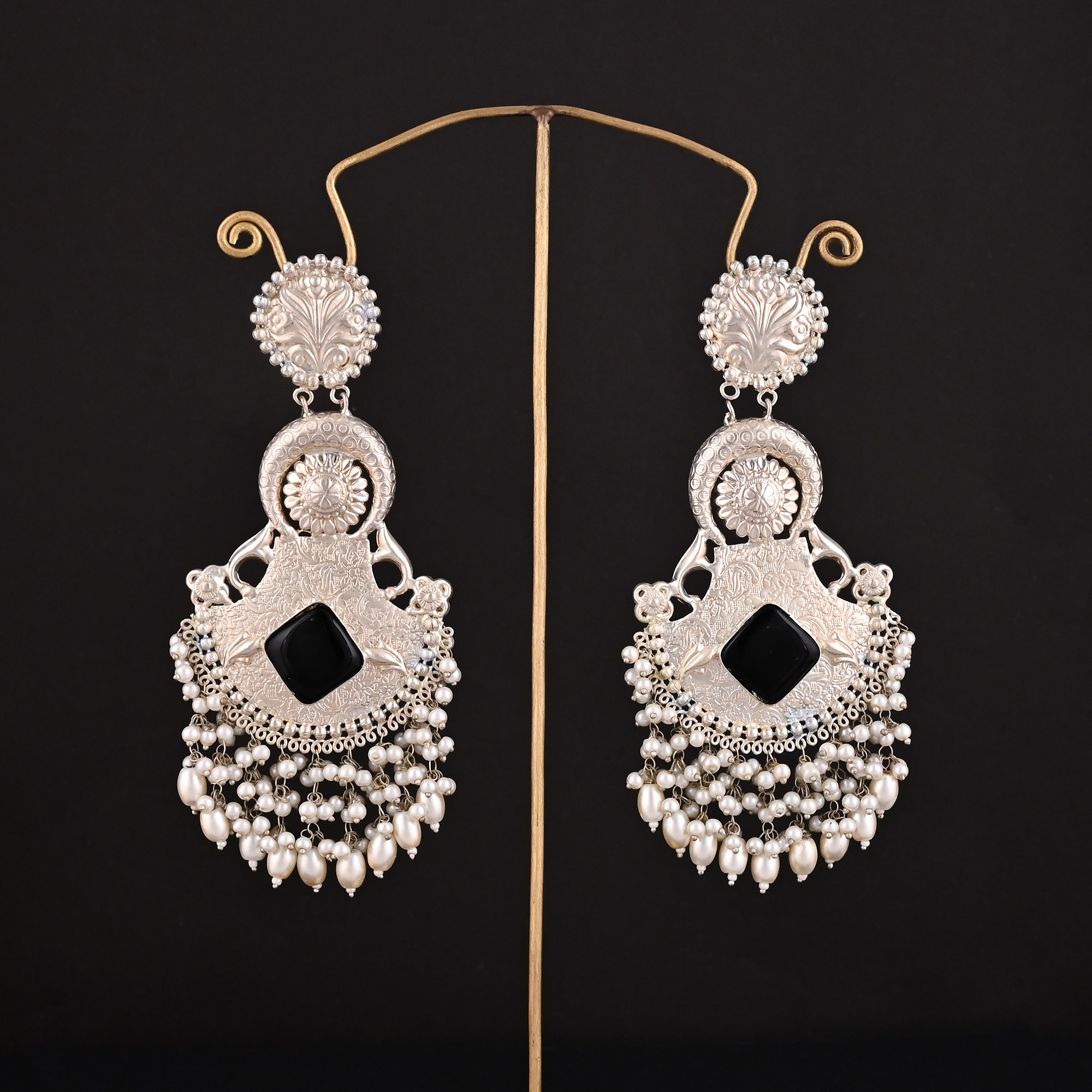 Black Onyx Pearl Stone German Silver Ethnic Design Dangle Earring