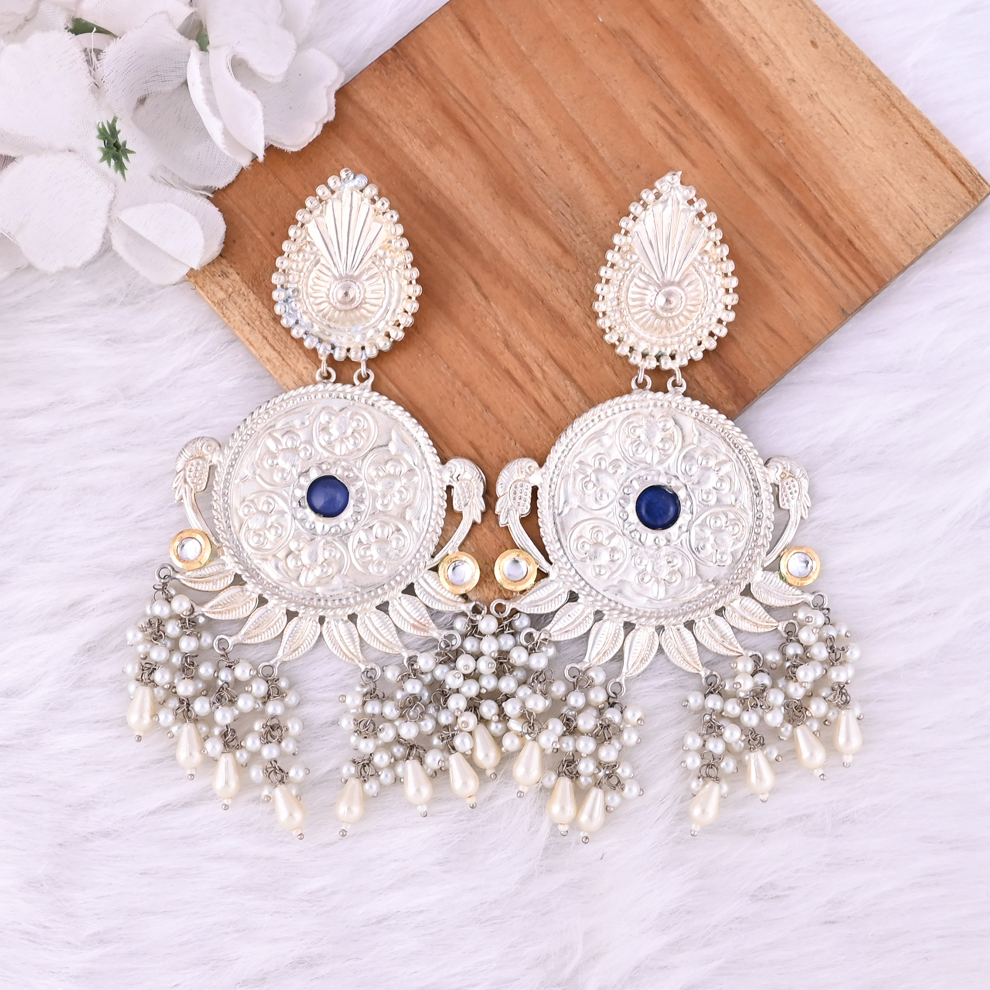 Blue Hydro Kundan Pearl Stone German Silver Ethnic Design Dangle Earring