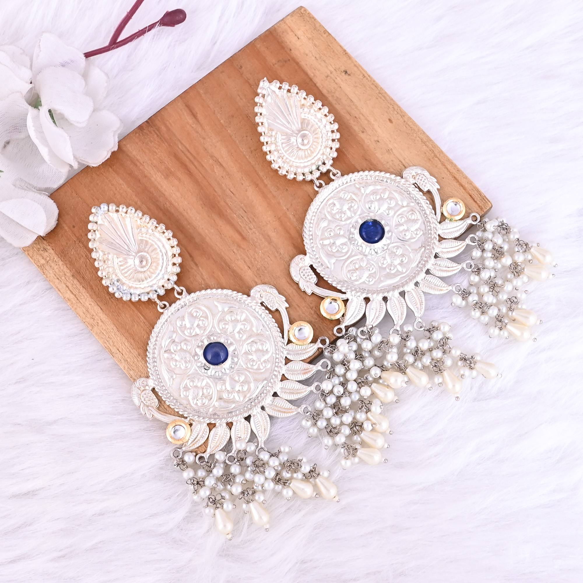 Blue Hydro Kundan Pearl Stone German Silver Ethnic Design Dangle Earring