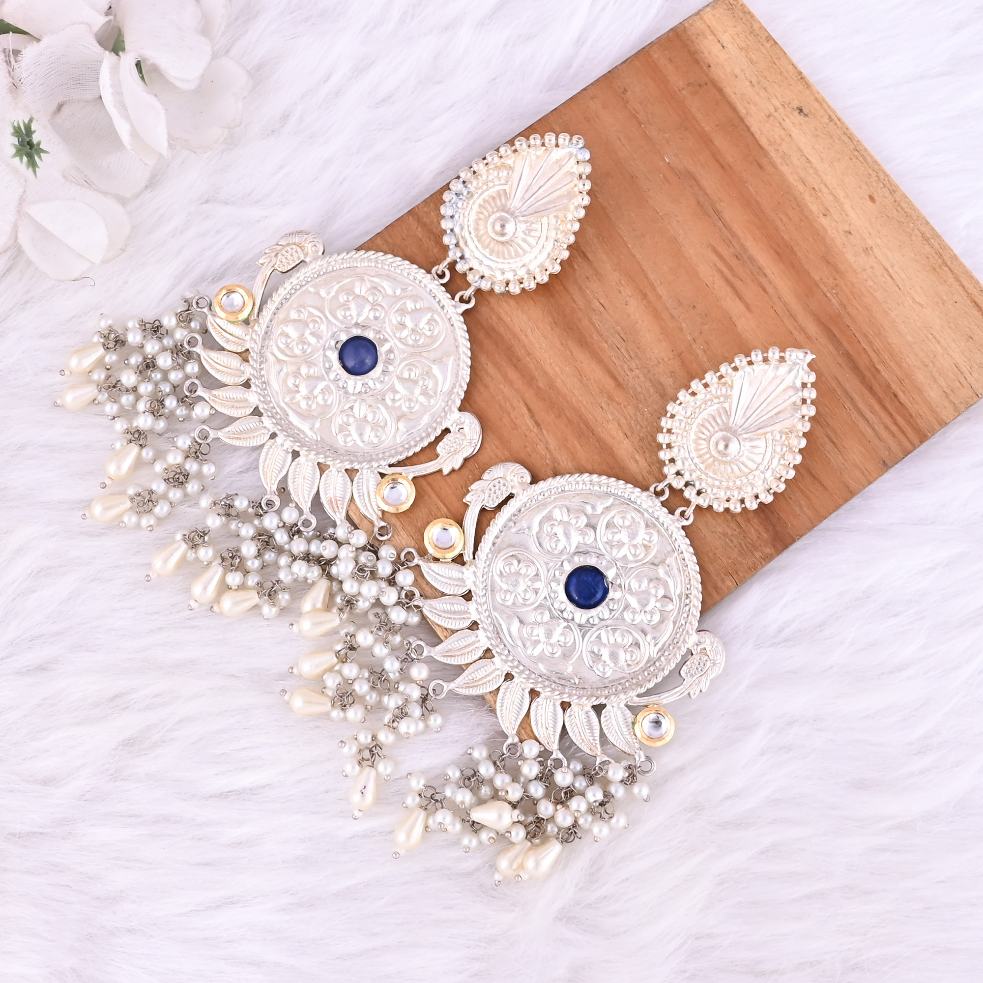 Blue Hydro Kundan Pearl Stone German Silver Ethnic Design Dangle Earring