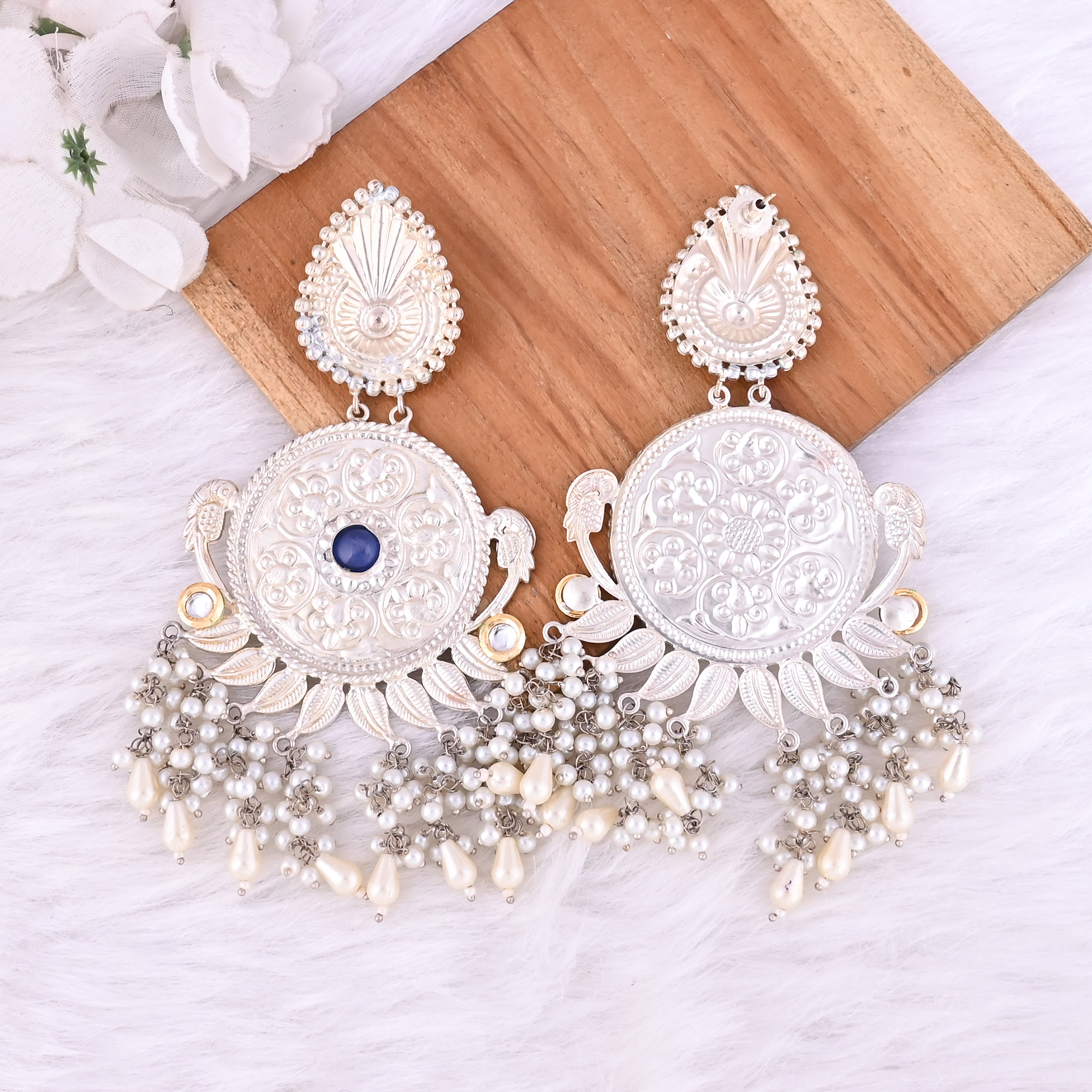 Blue Hydro Kundan Pearl Stone German Silver Ethnic Design Dangle Earring