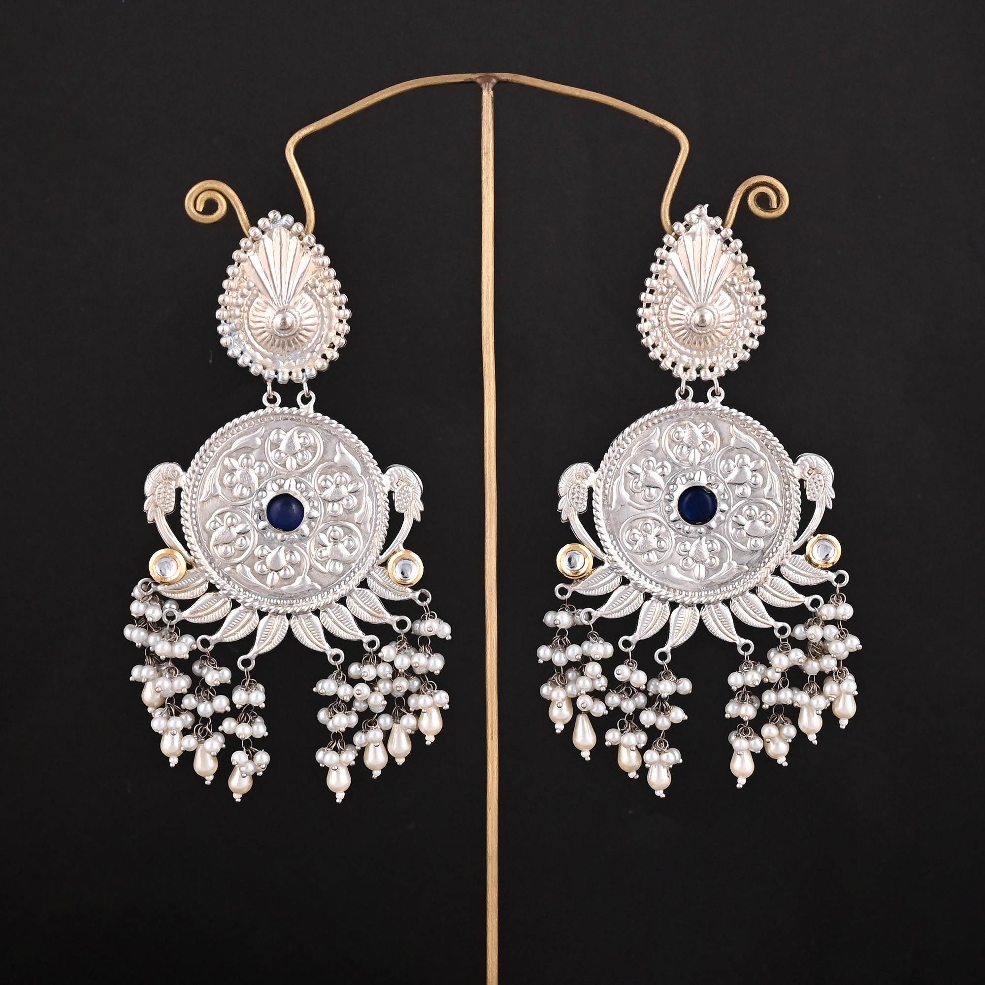 Blue Hydro Kundan Pearl Stone German Silver Ethnic Design Dangle Earring