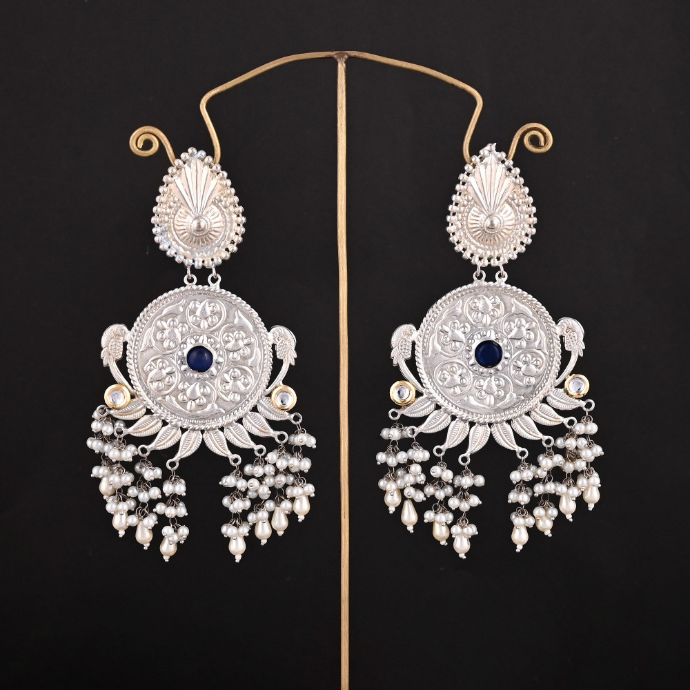 Image of Blue Hydro, Kundan, Pearl Stone German Silver Ethnic Design Dangle Earring