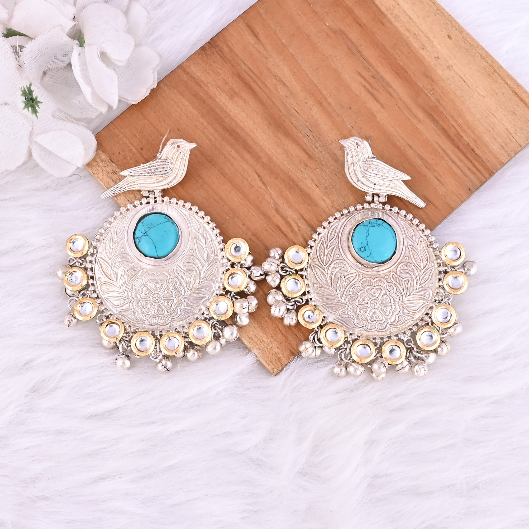Synthetic Turquoise Kundan Stone German Silver Ethnic Ghungroo Design Dangle Earring
