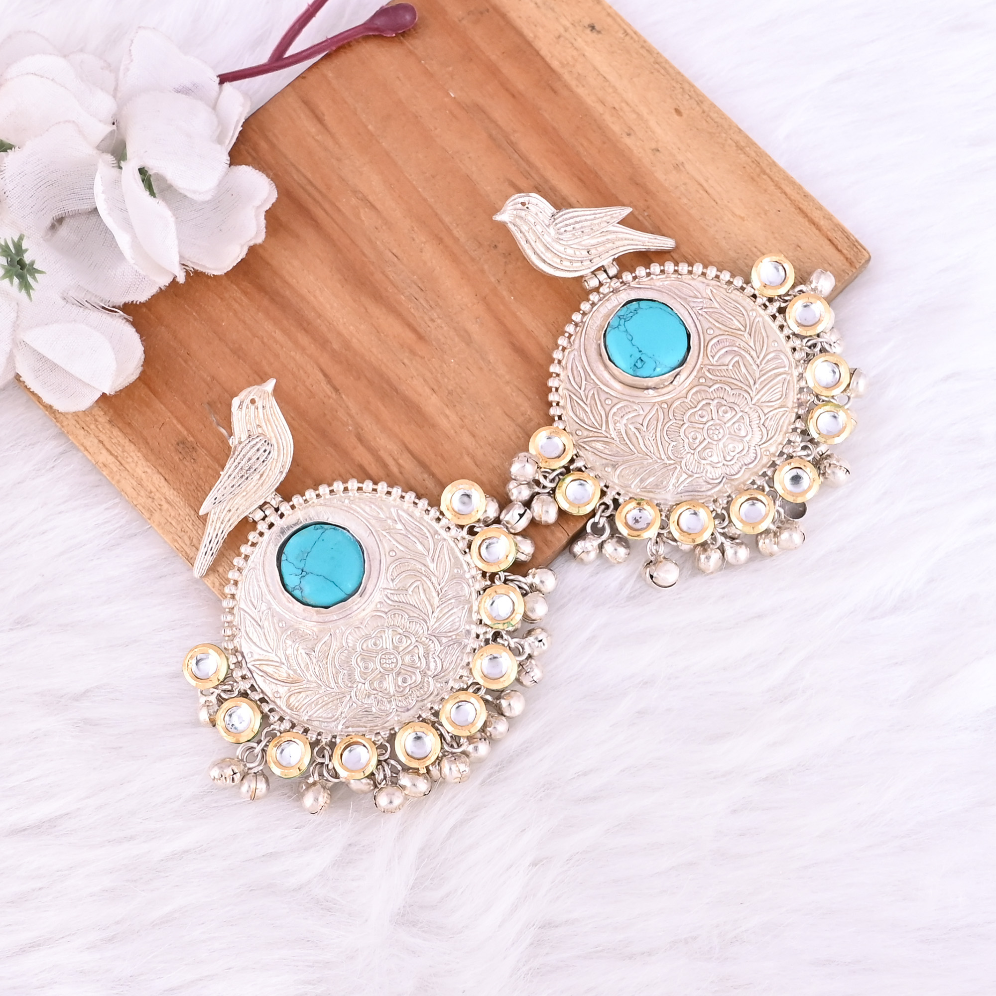 Synthetic Turquoise Kundan Stone German Silver Ethnic Ghungroo Design Dangle Earring
