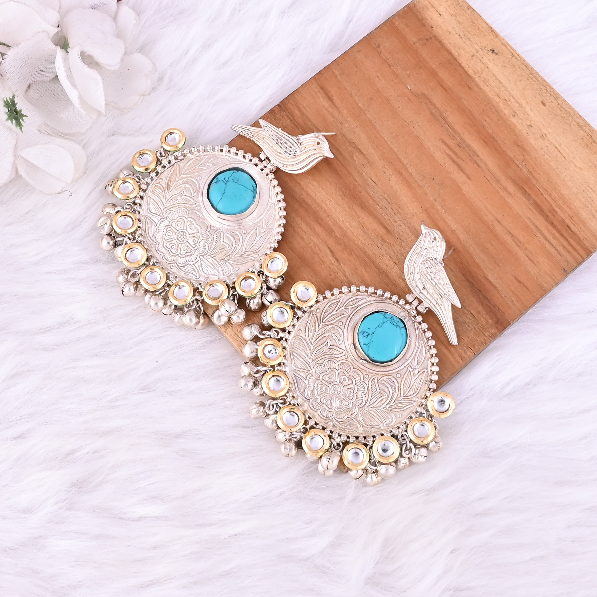 Synthetic Turquoise Kundan Stone German Silver Ethnic Ghungroo Design Dangle Earring