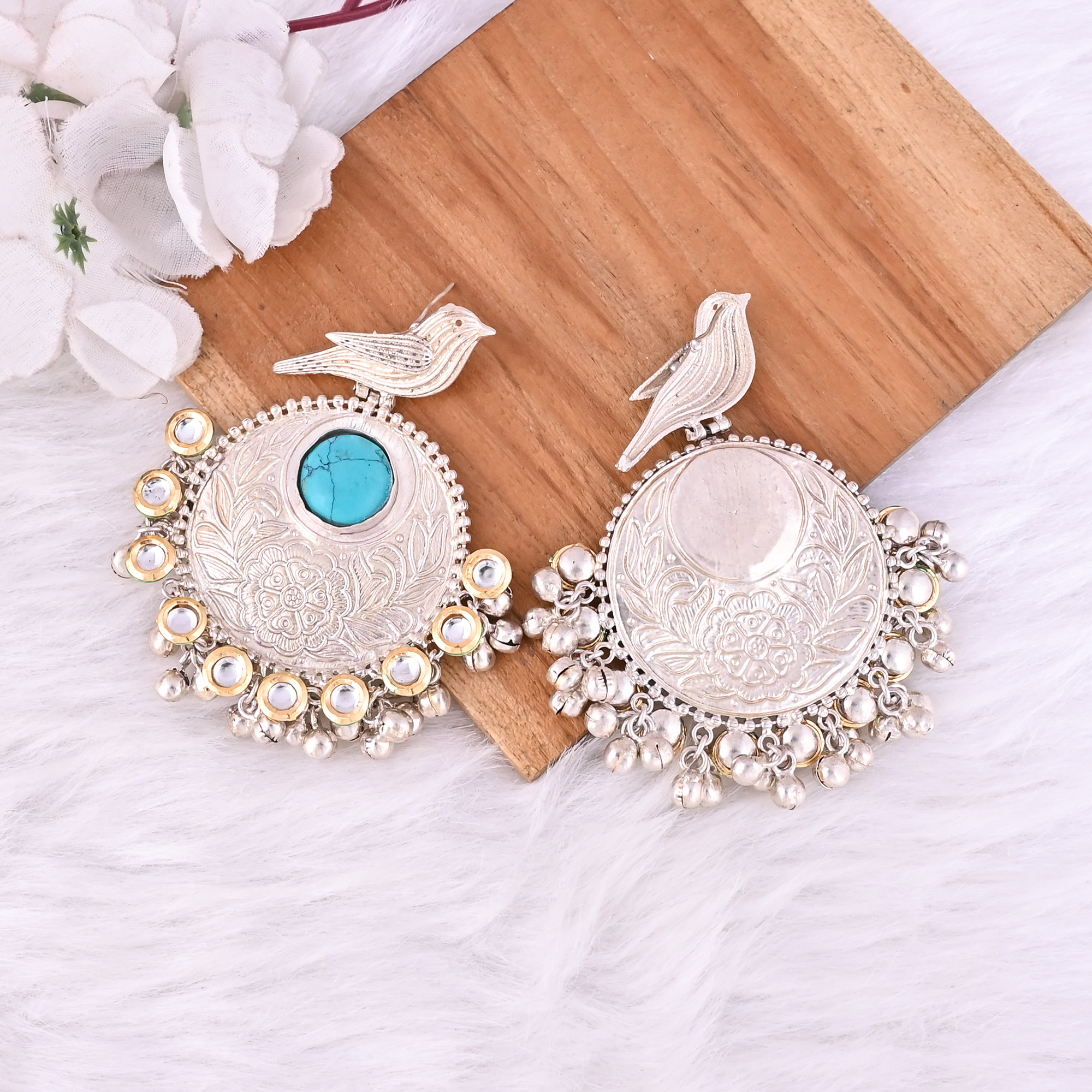 Synthetic Turquoise Kundan Stone German Silver Ethnic Ghungroo Design Dangle Earring