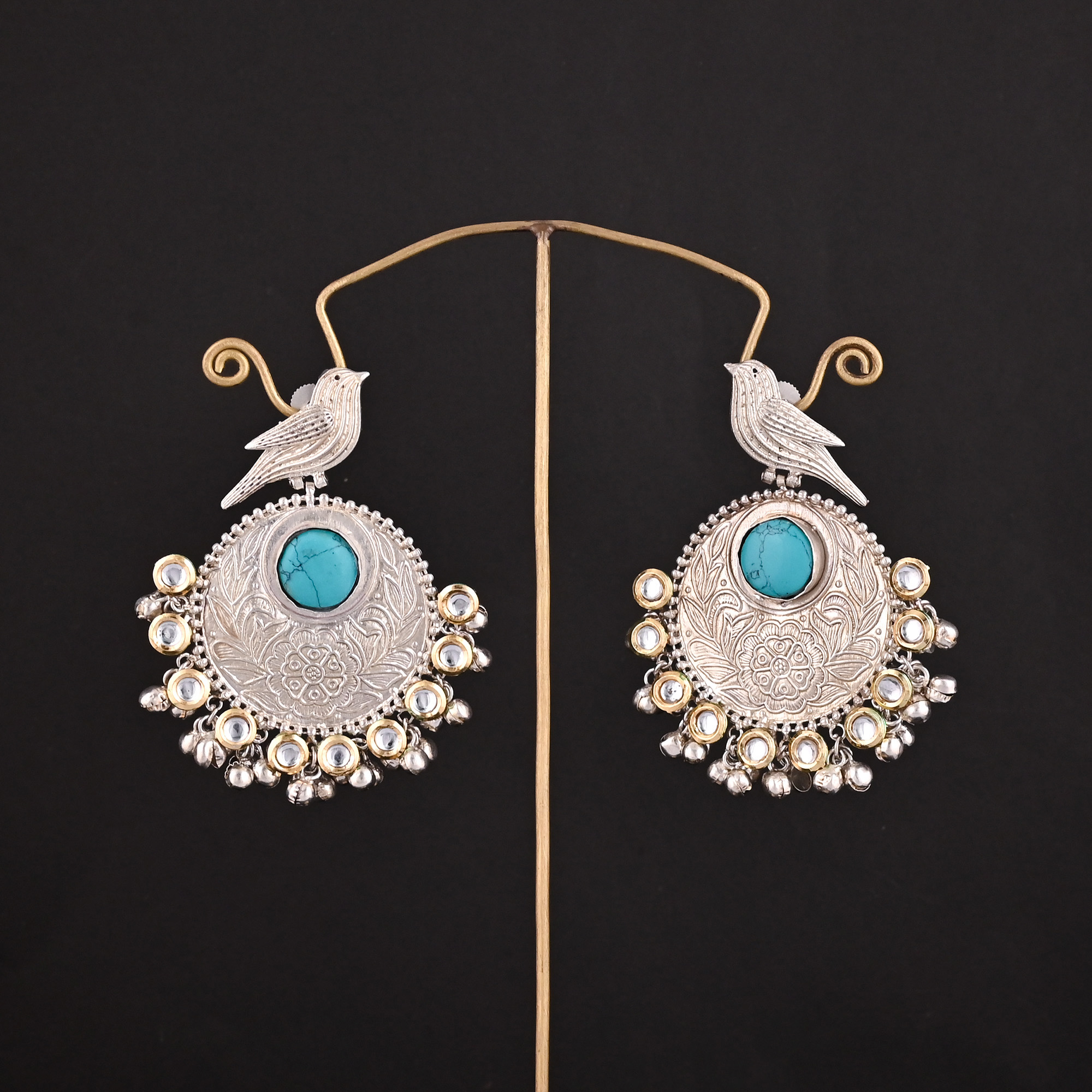 Synthetic Turquoise Kundan Stone German Silver Ethnic Ghungroo Design Dangle Earring
