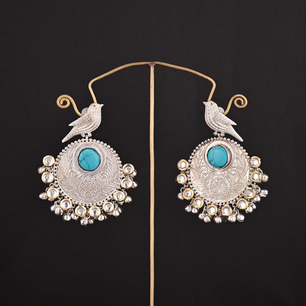 Image of Synthetic Turquoise, Kundan Stone German Silver Ethnic Ghungroo Design Dangle Earring
