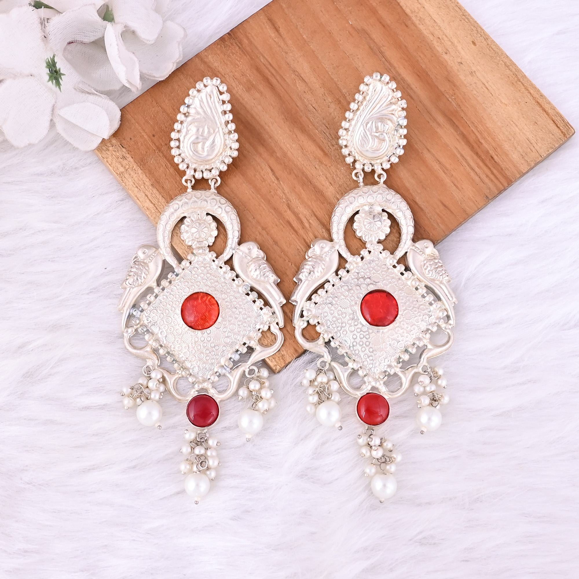 Red Hydro Pearl Stone German Silver Ethnic Design Dangle Earring