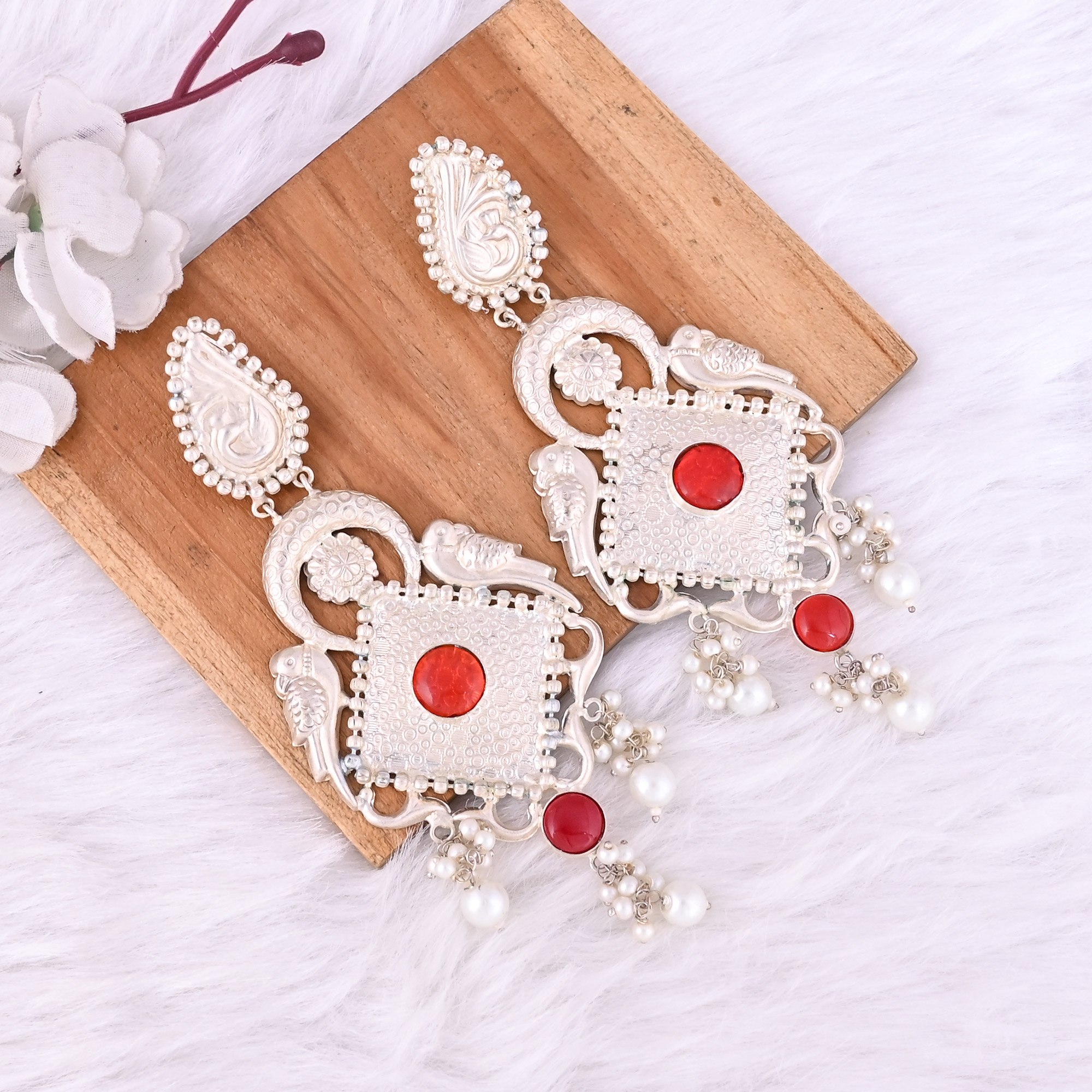 Red Hydro Pearl Stone German Silver Ethnic Design Dangle Earring