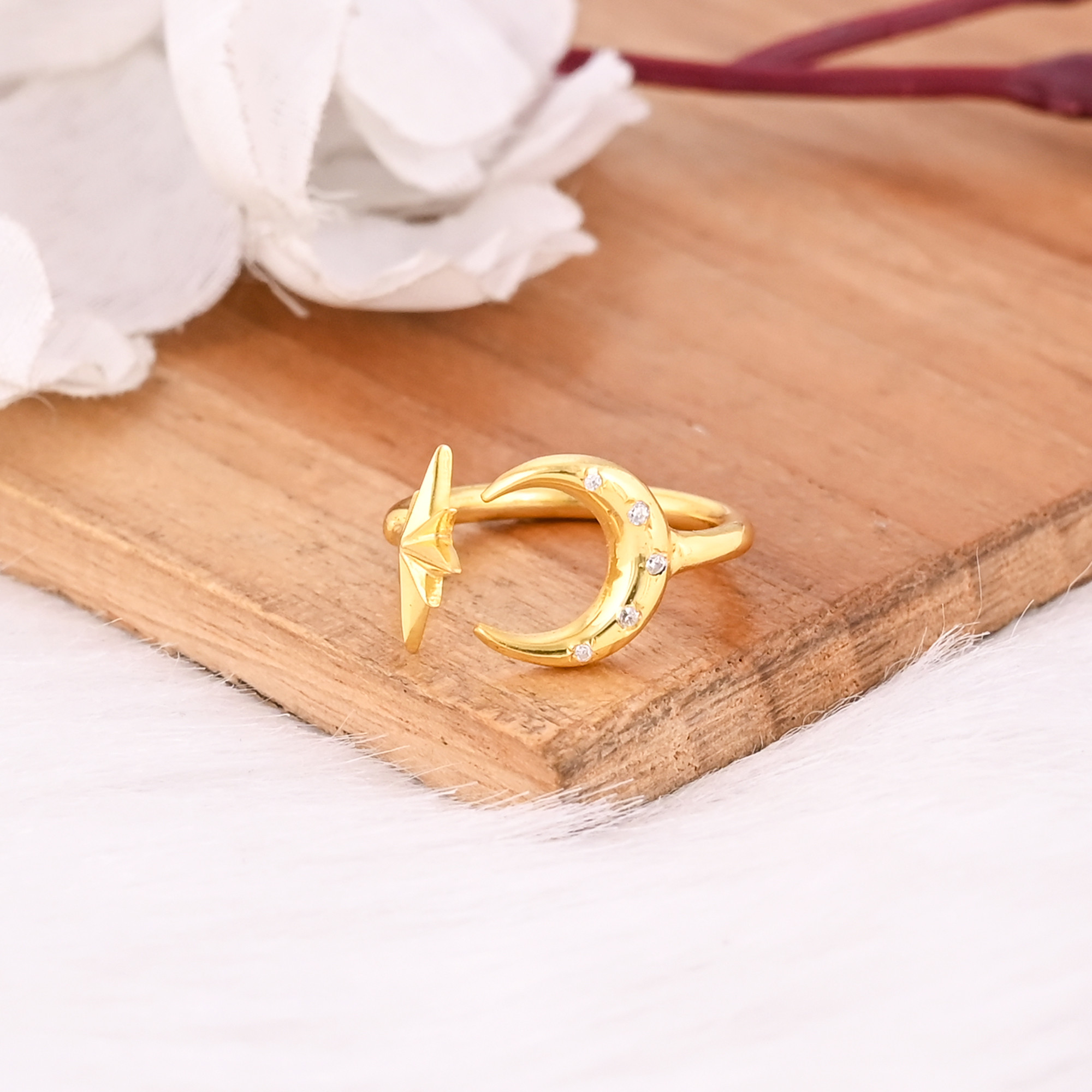 925 Sterling Silver Yellow Gold Plated Handmade Plain Designer Crescent Moon  Star Ring Adjustable Jewelry
