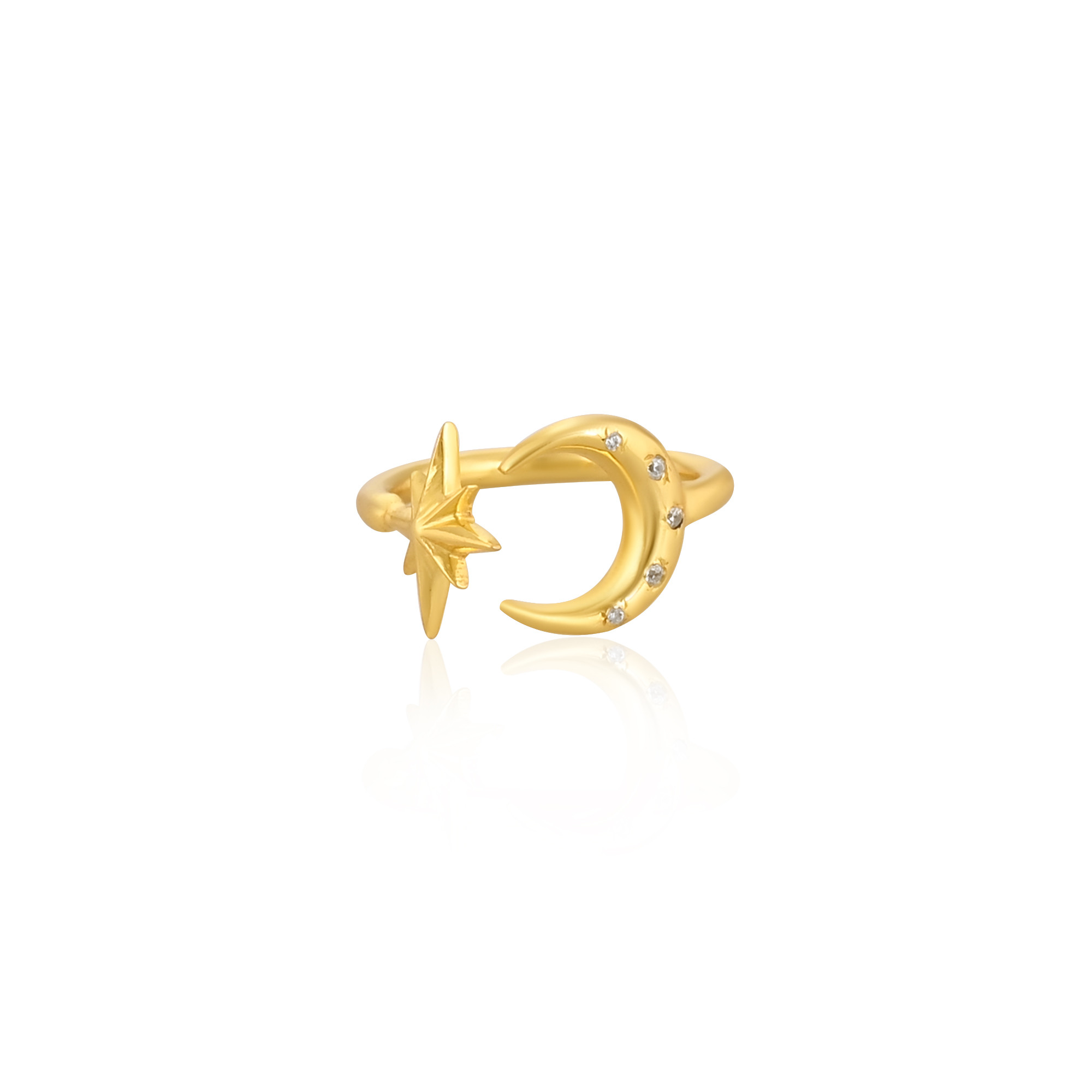 925 Sterling Silver Yellow Gold Plated Handmade Plain Designer Crescent Moon  Star Ring Adjustable Jewelry