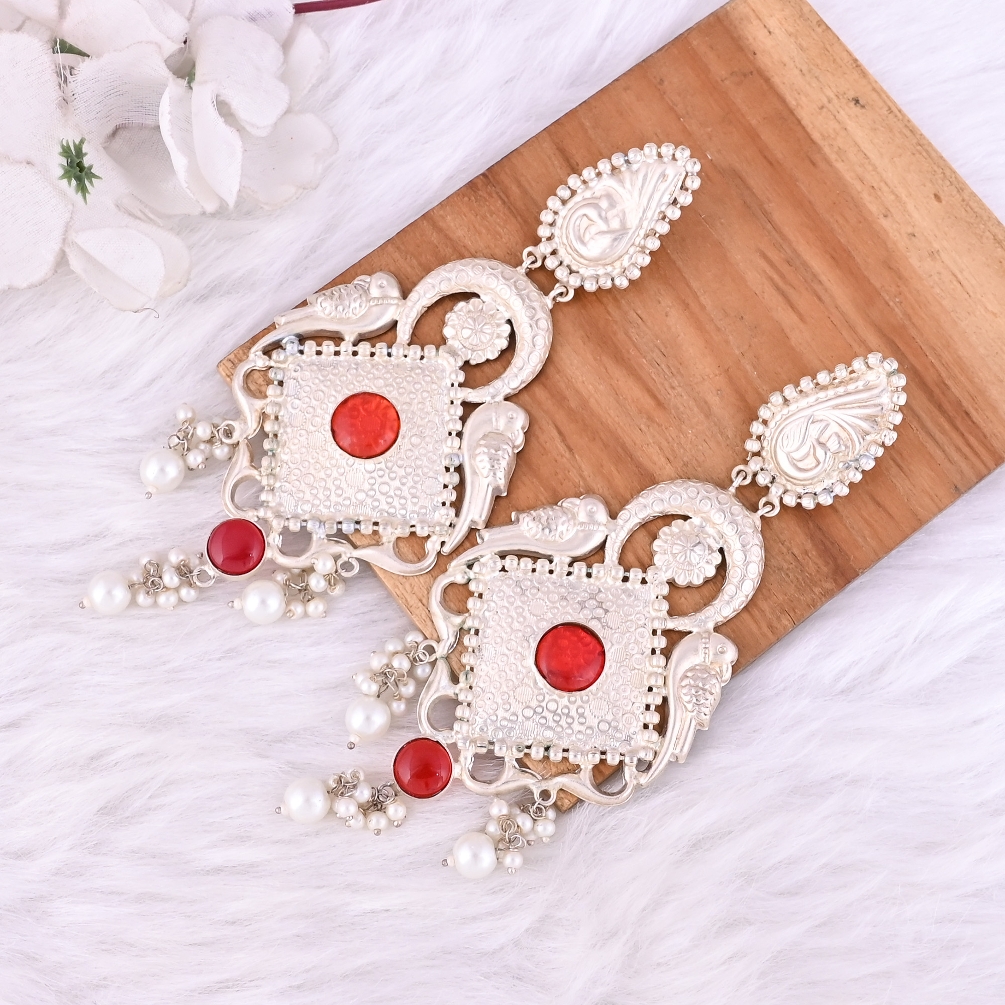 Red Hydro Pearl Stone German Silver Ethnic Design Dangle Earring