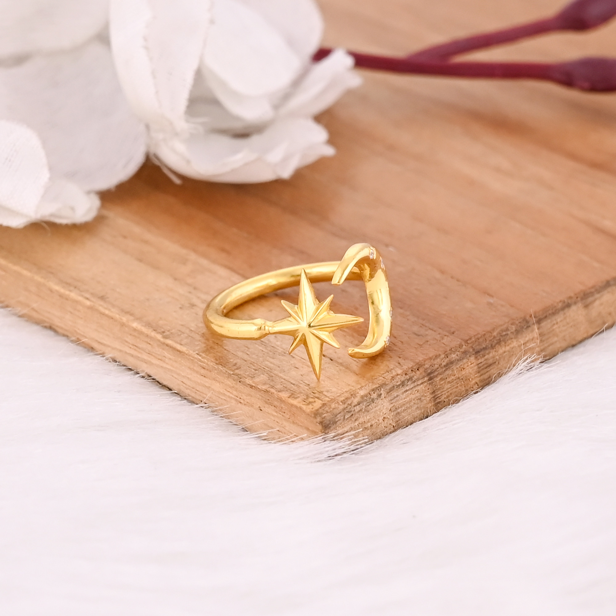 925 Sterling Silver Yellow Gold Plated Handmade Plain Designer Crescent Moon  Star Ring Adjustable Jewelry