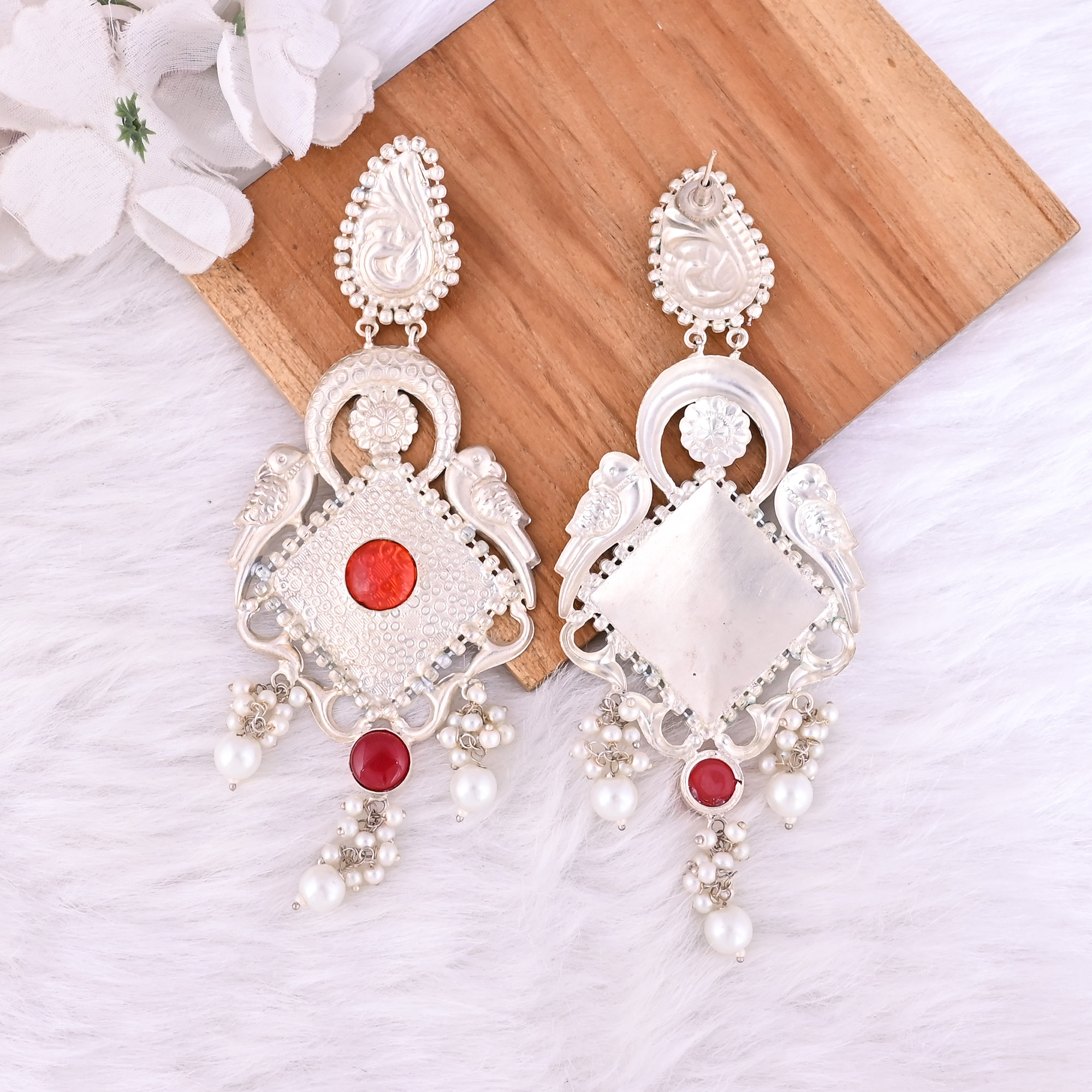 Red Hydro Pearl Stone German Silver Ethnic Design Dangle Earring