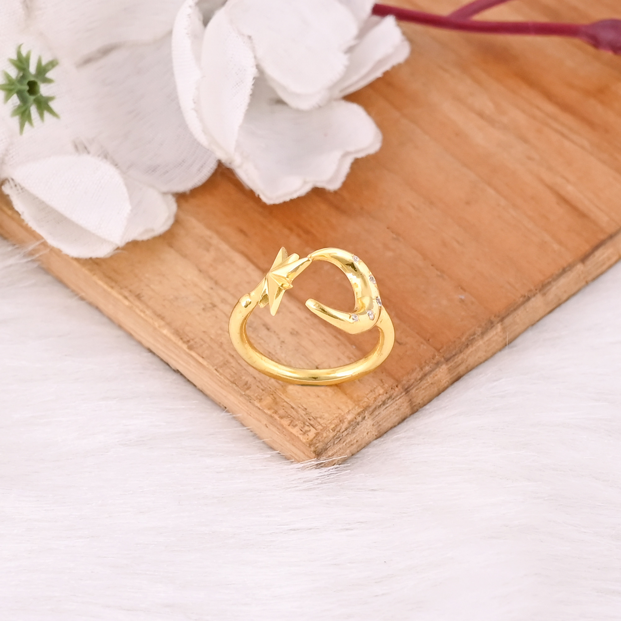 925 Sterling Silver Yellow Gold Plated Handmade Plain Designer Crescent Moon  Star Ring Adjustable Jewelry