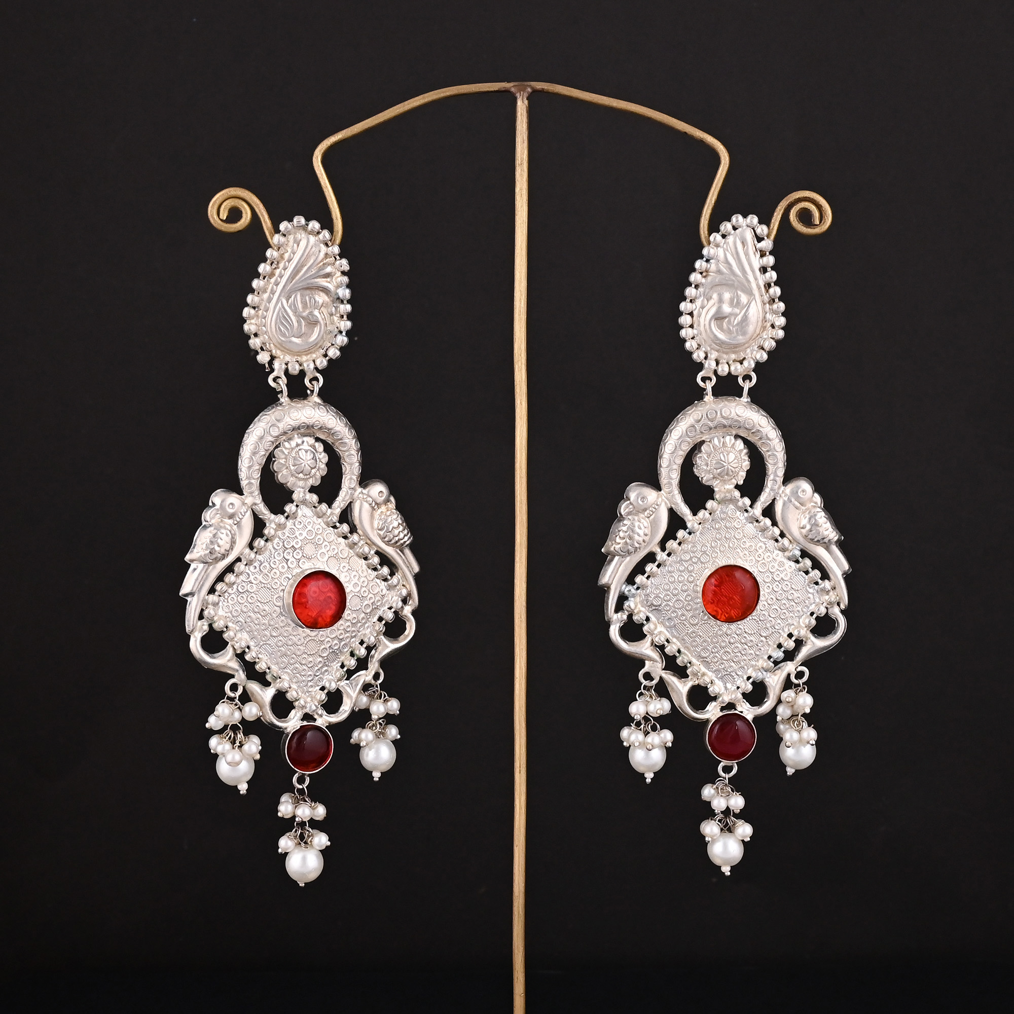 Red Hydro Pearl Stone German Silver Ethnic Design Dangle Earring
