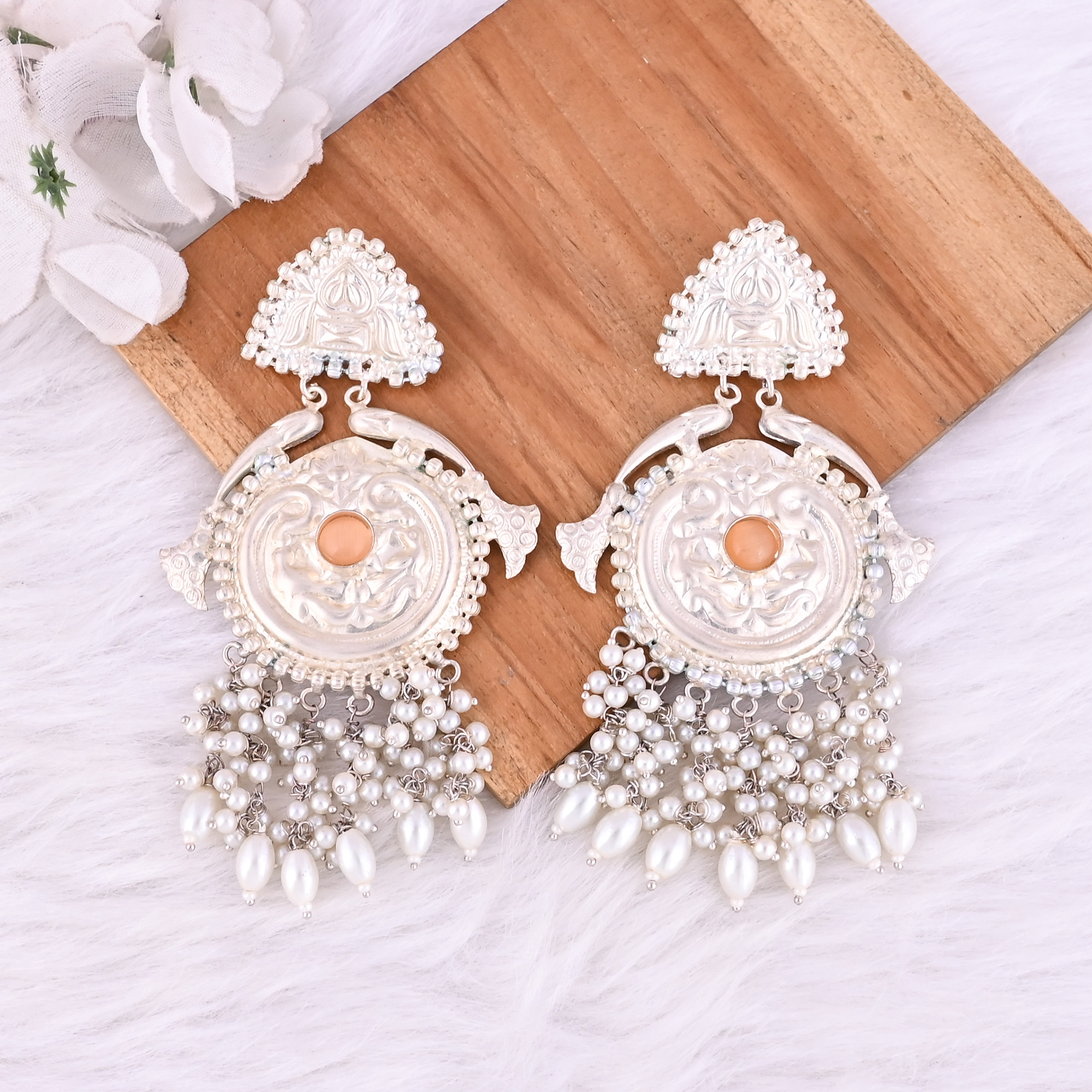 Orange Catseye Pearls Stone German Silver Ethnic Design Dangle Earring