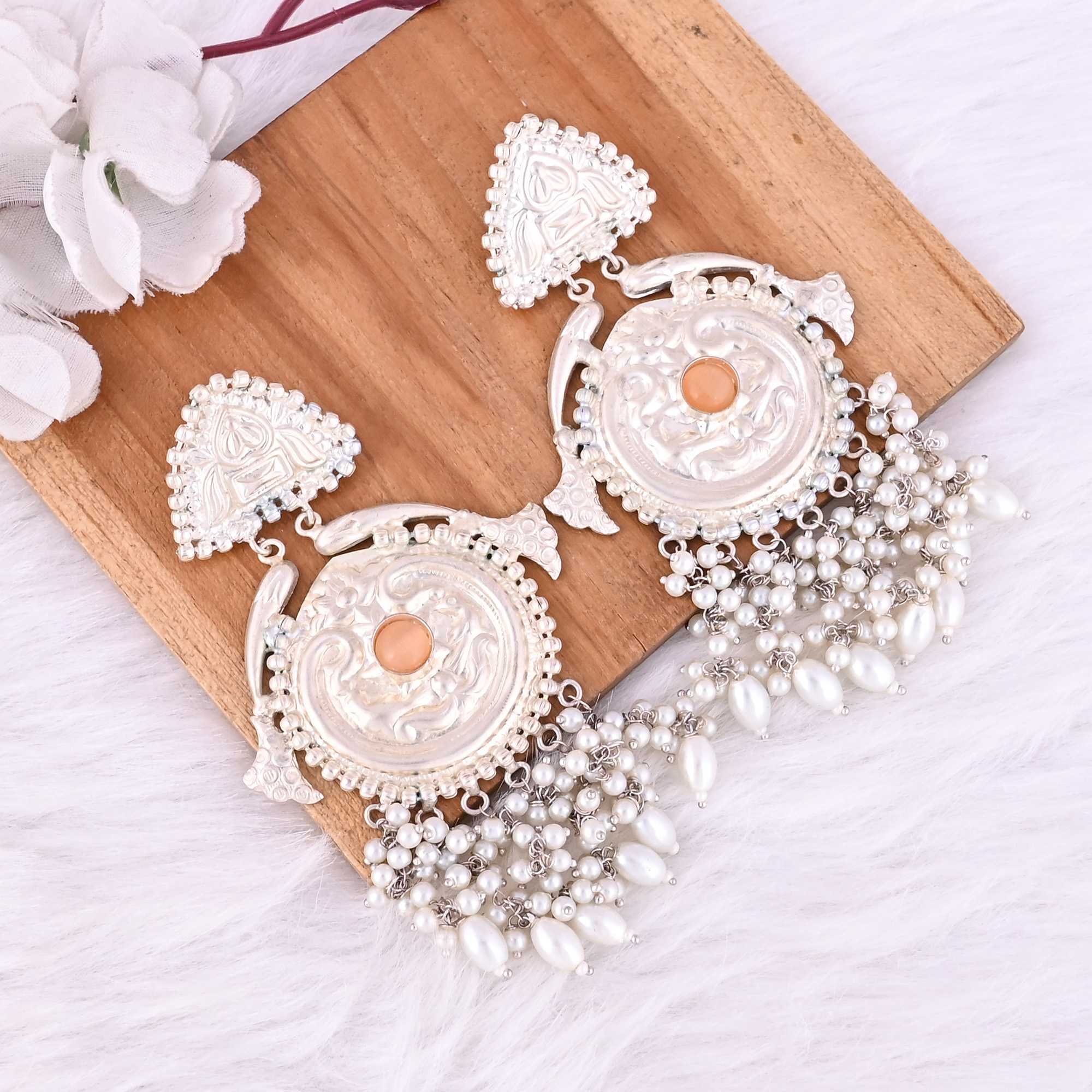Orange Catseye Pearls Stone German Silver Ethnic Design Dangle Earring