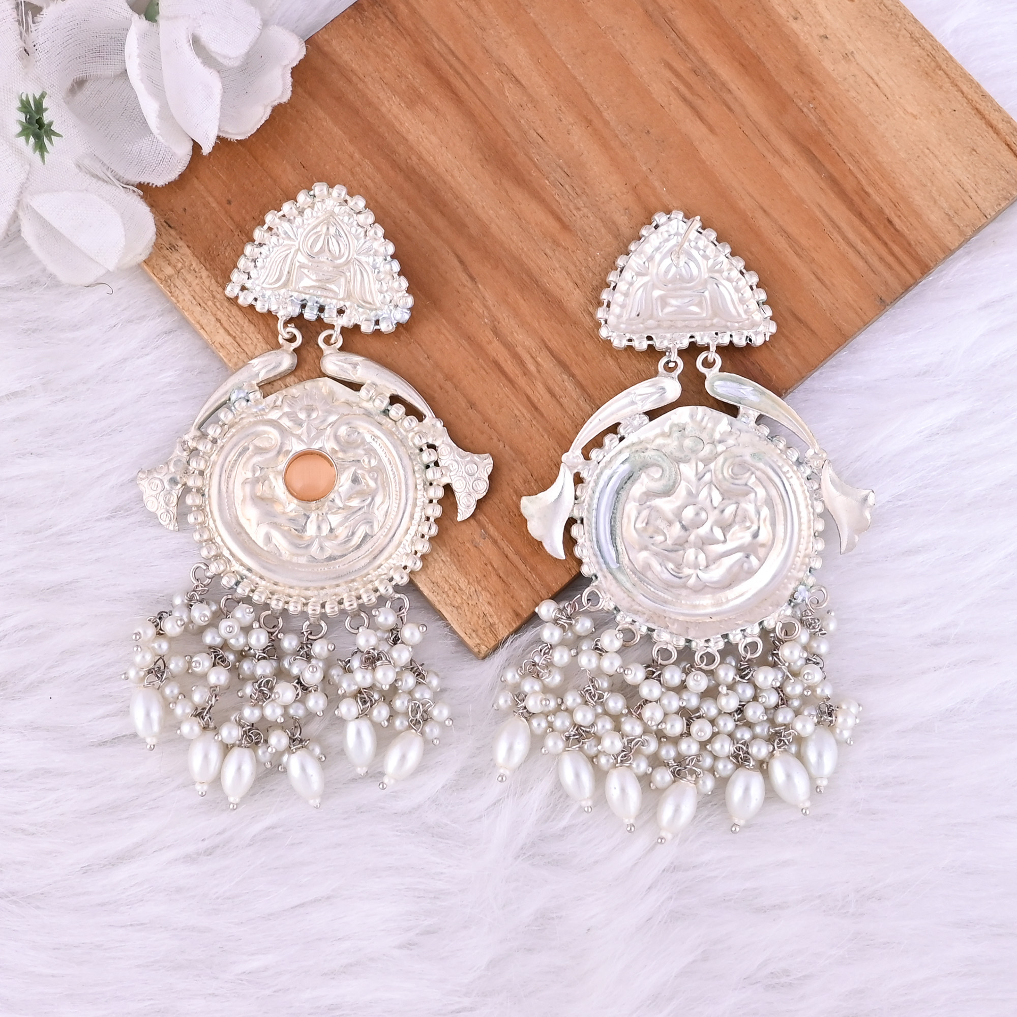 Orange Catseye Pearls Stone German Silver Ethnic Design Dangle Earring