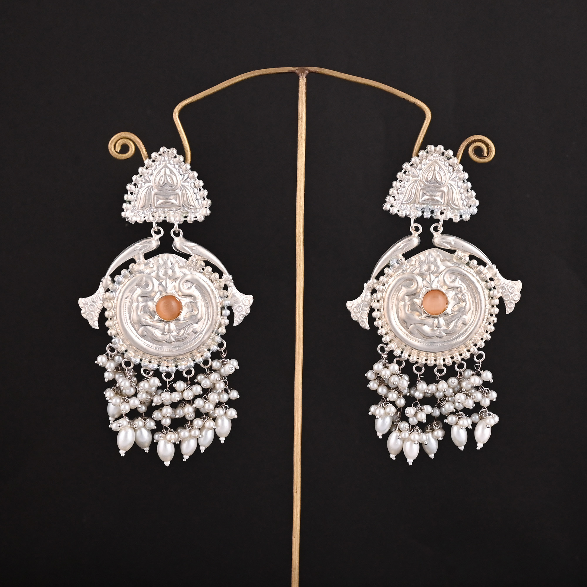 Orange Catseye Pearls Stone German Silver Ethnic Design Dangle Earring