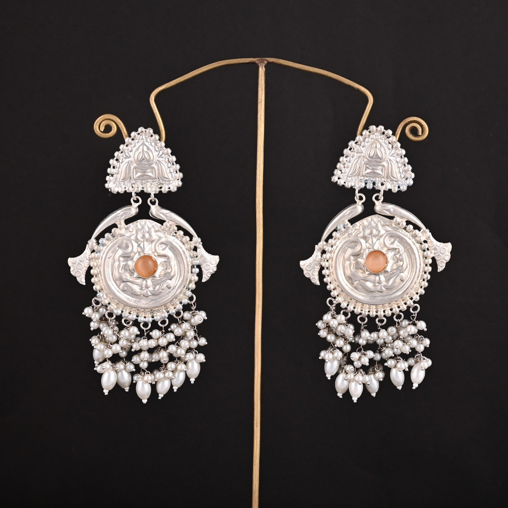 Image of Orange Cat'seye, Pearl's Stone German Silver Ethnic Design Dangle Earring