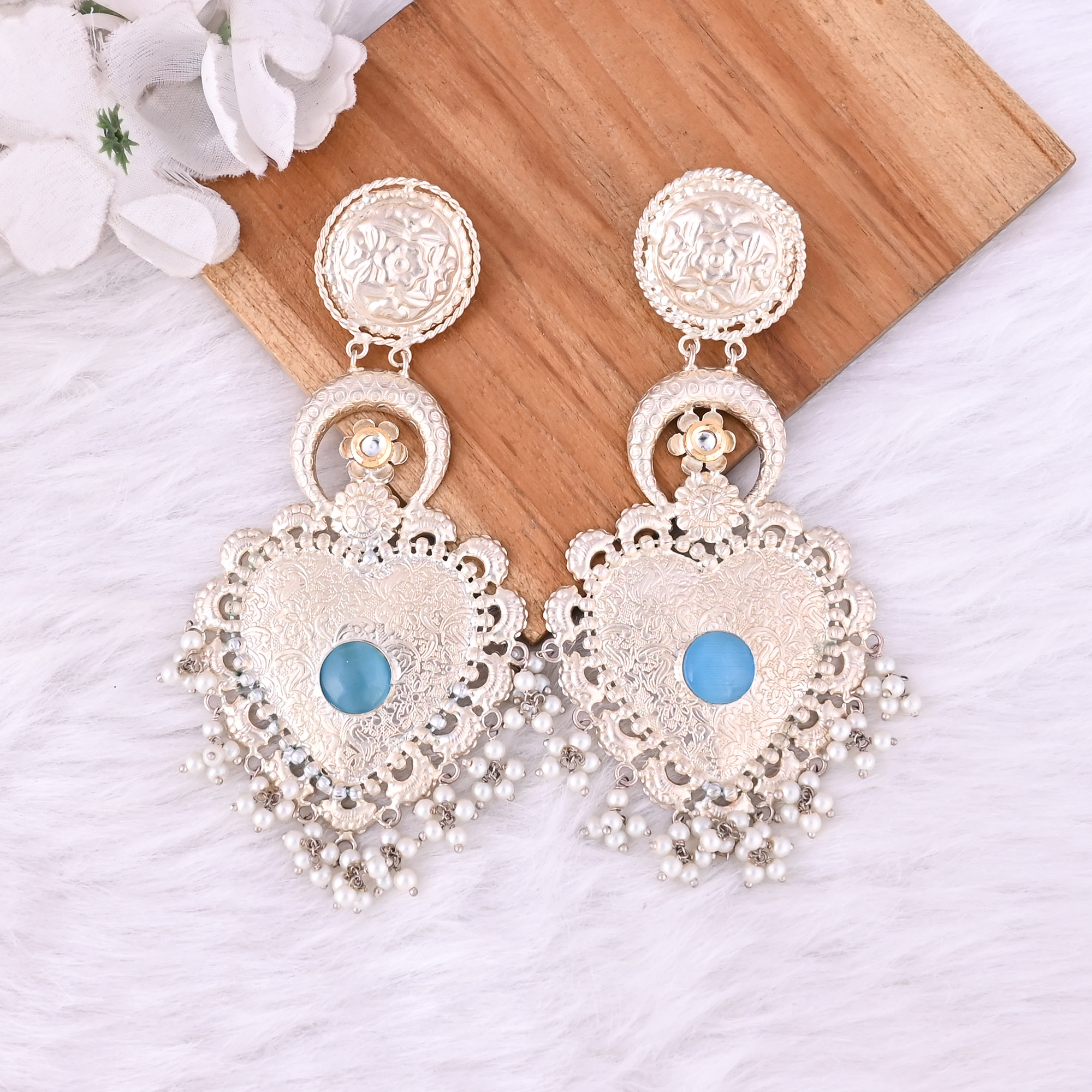 Blue Catseye Kundan Pearl Stone German Silver Ethnic Design Long Dangle Earring