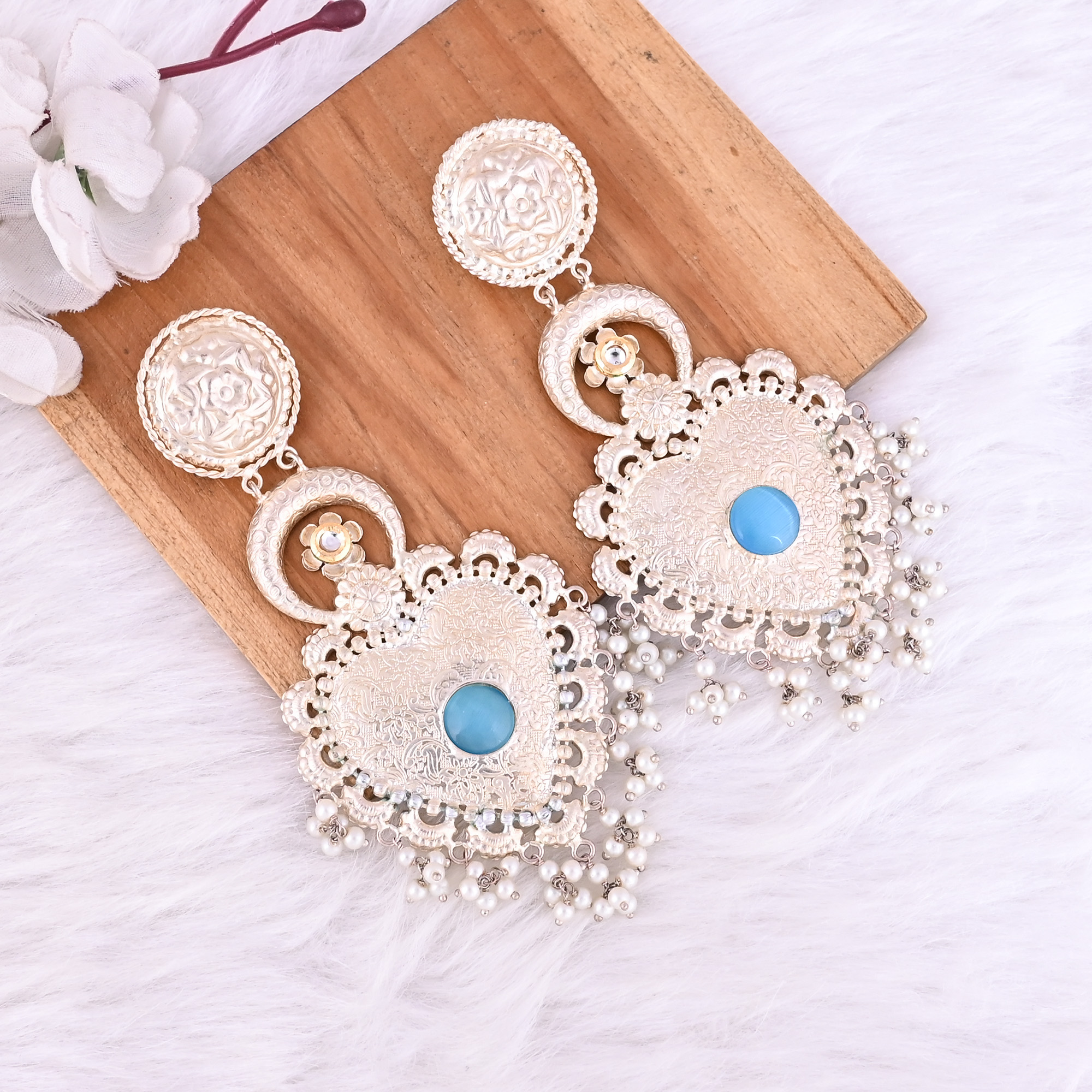 Blue Catseye Kundan Pearl Stone German Silver Ethnic Design Long Dangle Earring