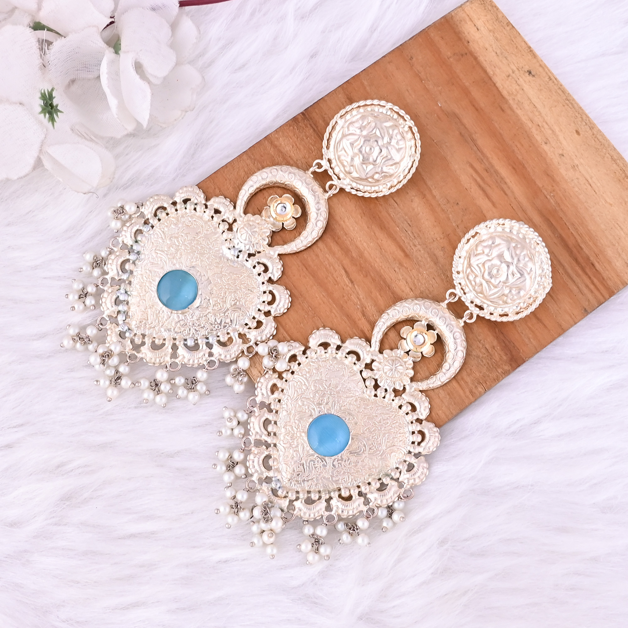 Blue Catseye Kundan Pearl Stone German Silver Ethnic Design Long Dangle Earring