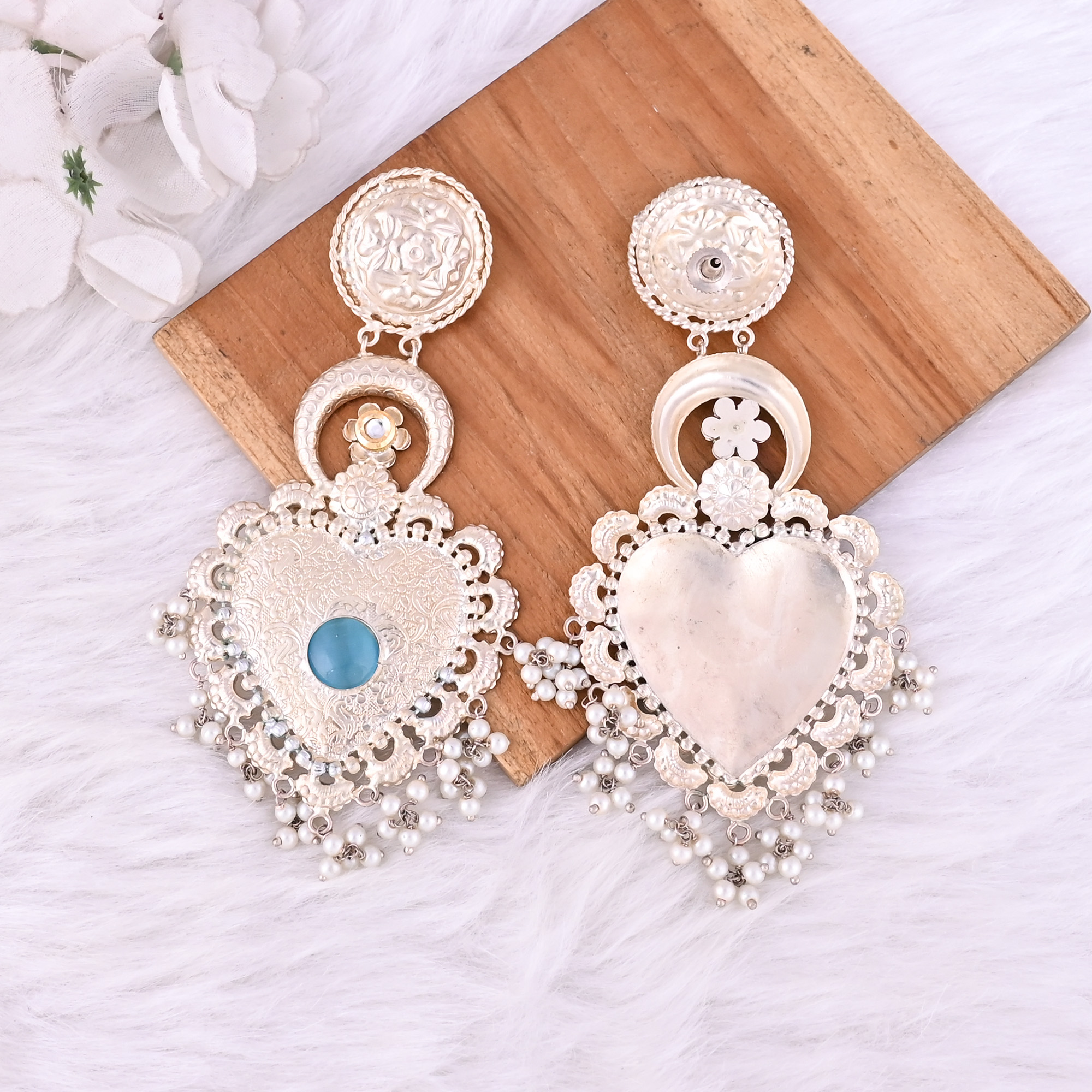 Blue Catseye Kundan Pearl Stone German Silver Ethnic Design Long Dangle Earring