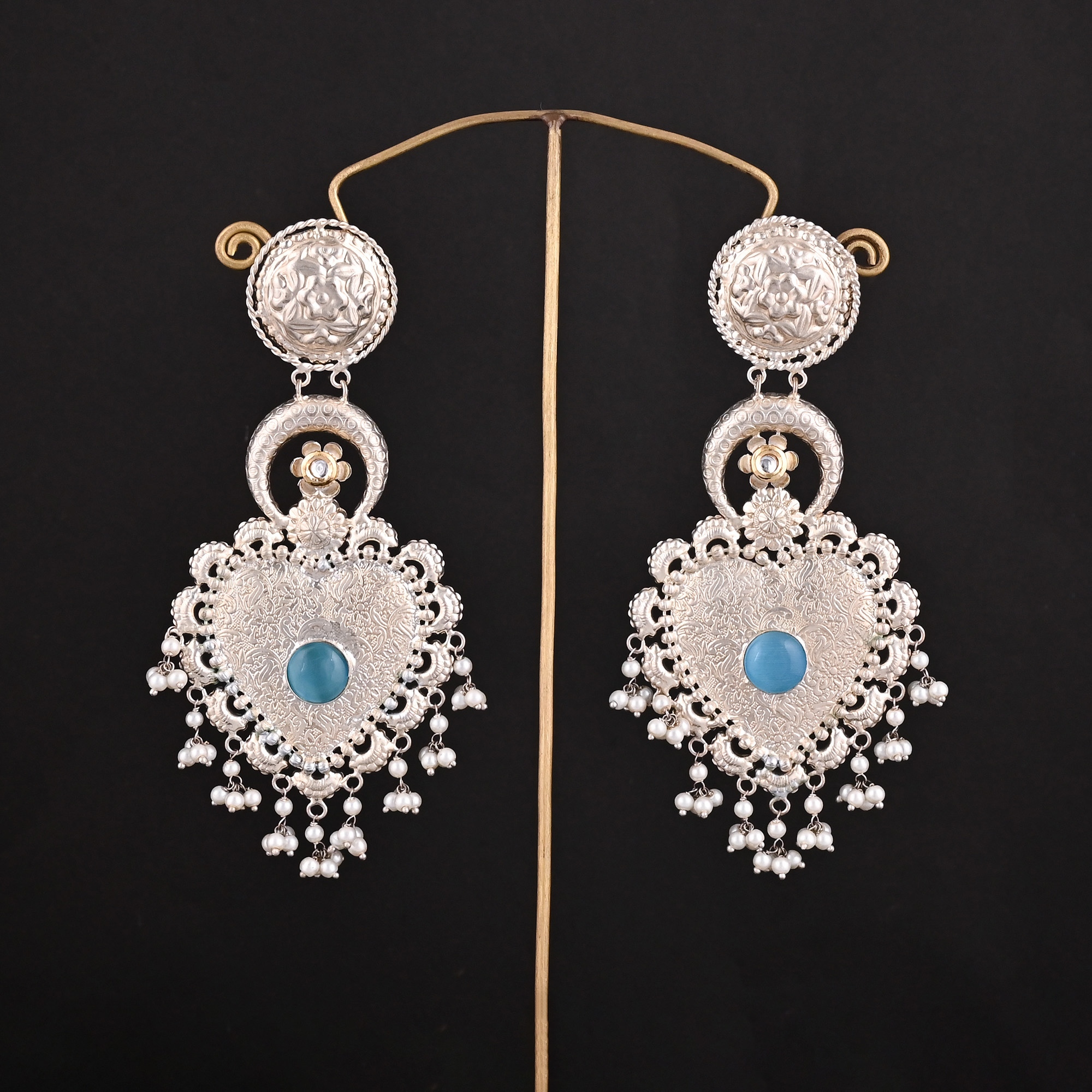 Blue Catseye Kundan Pearl Stone German Silver Ethnic Design Long Dangle Earring