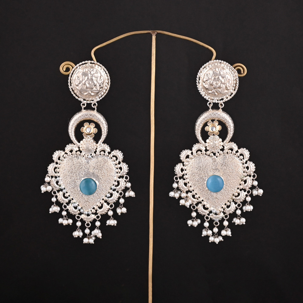 Image of Blue Cat'seye, Kundan, Pearl Stone German Silver Ethnic Design Long Dangle Earring