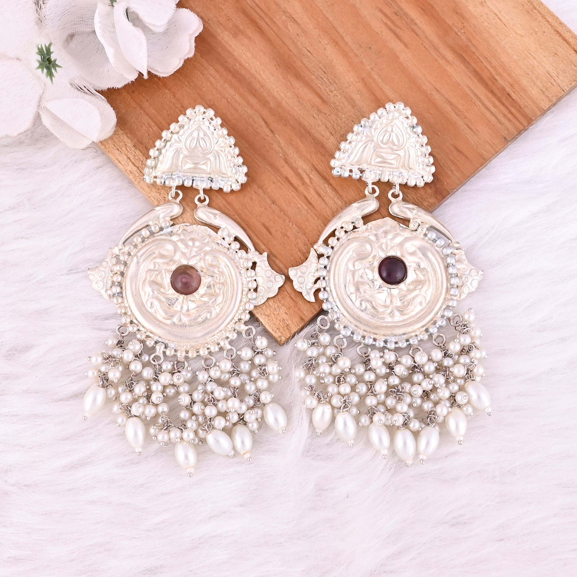 Pink Amethyst Hydro Pearl Stone German Silver Ethnic Design Dangle Earring