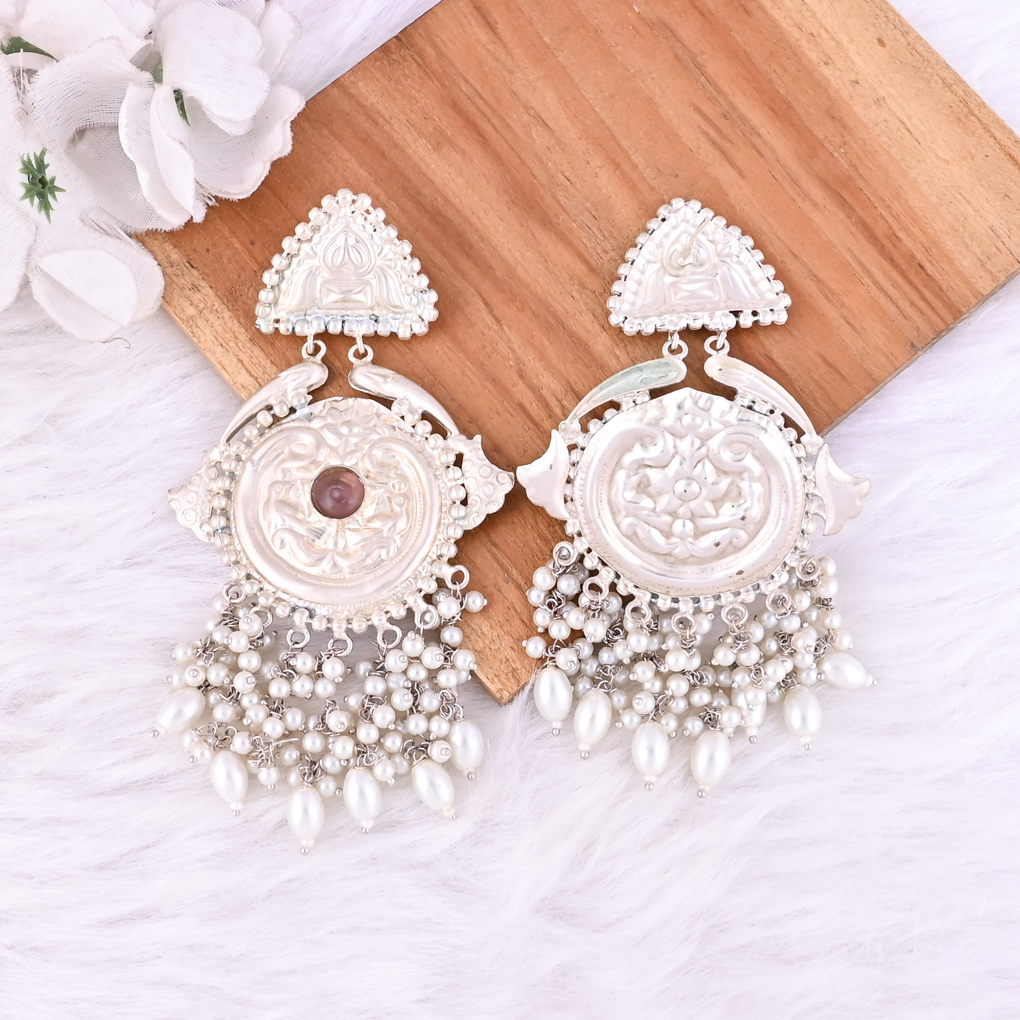Pink Amethyst Hydro Pearl Stone German Silver Ethnic Design Dangle Earring