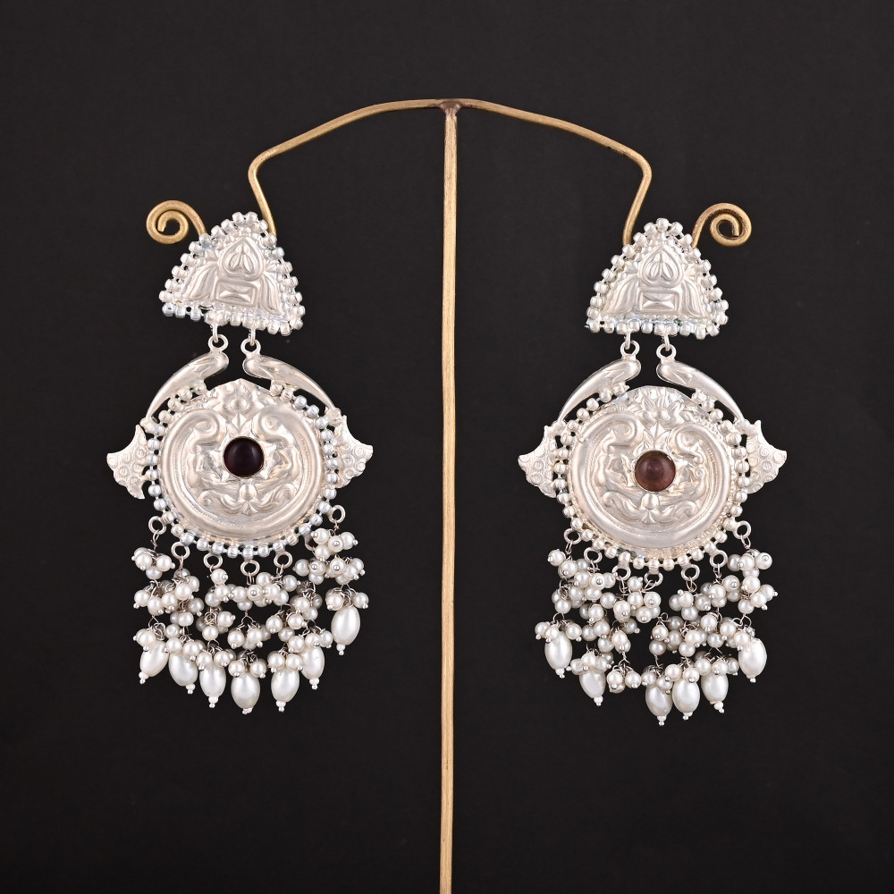 Image of Pink Amethyst Hydro, Pearl Stone German Silver Ethnic Design Dangle Earring