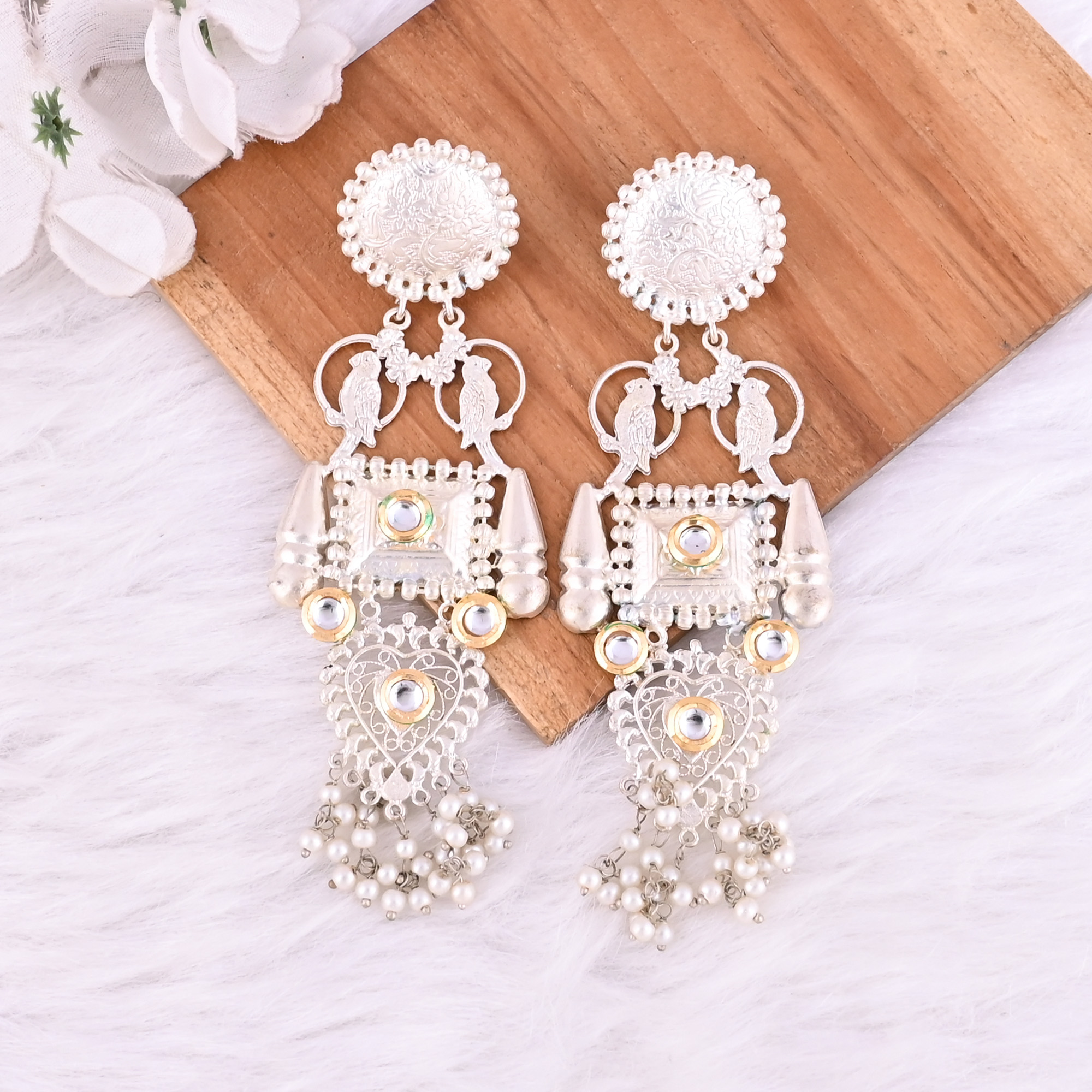 Kundan Pearls Stone German Silver Ethnic Design Dangle Earring