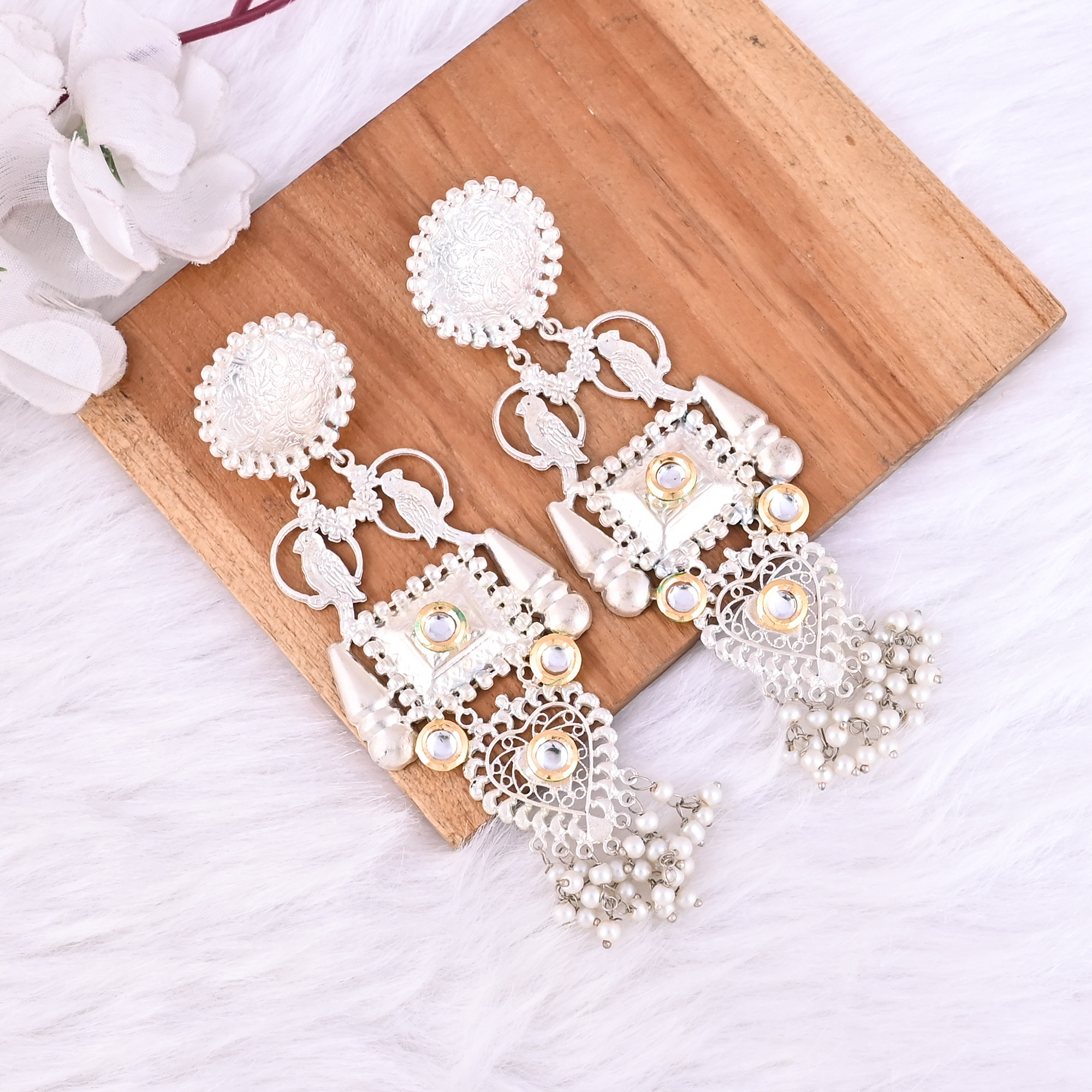 Kundan Pearls Stone German Silver Ethnic Design Dangle Earring
