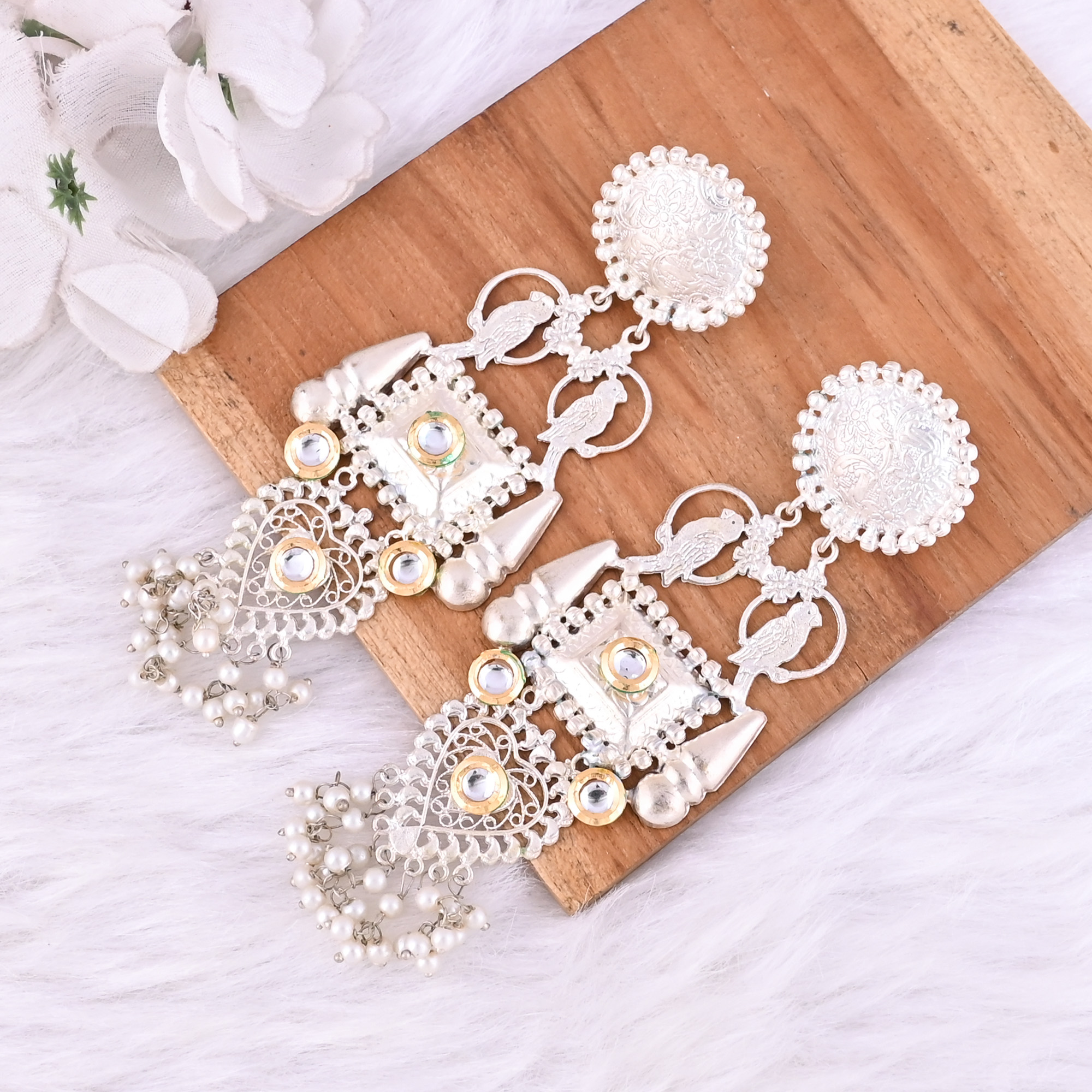 Kundan Pearls Stone German Silver Ethnic Design Dangle Earring