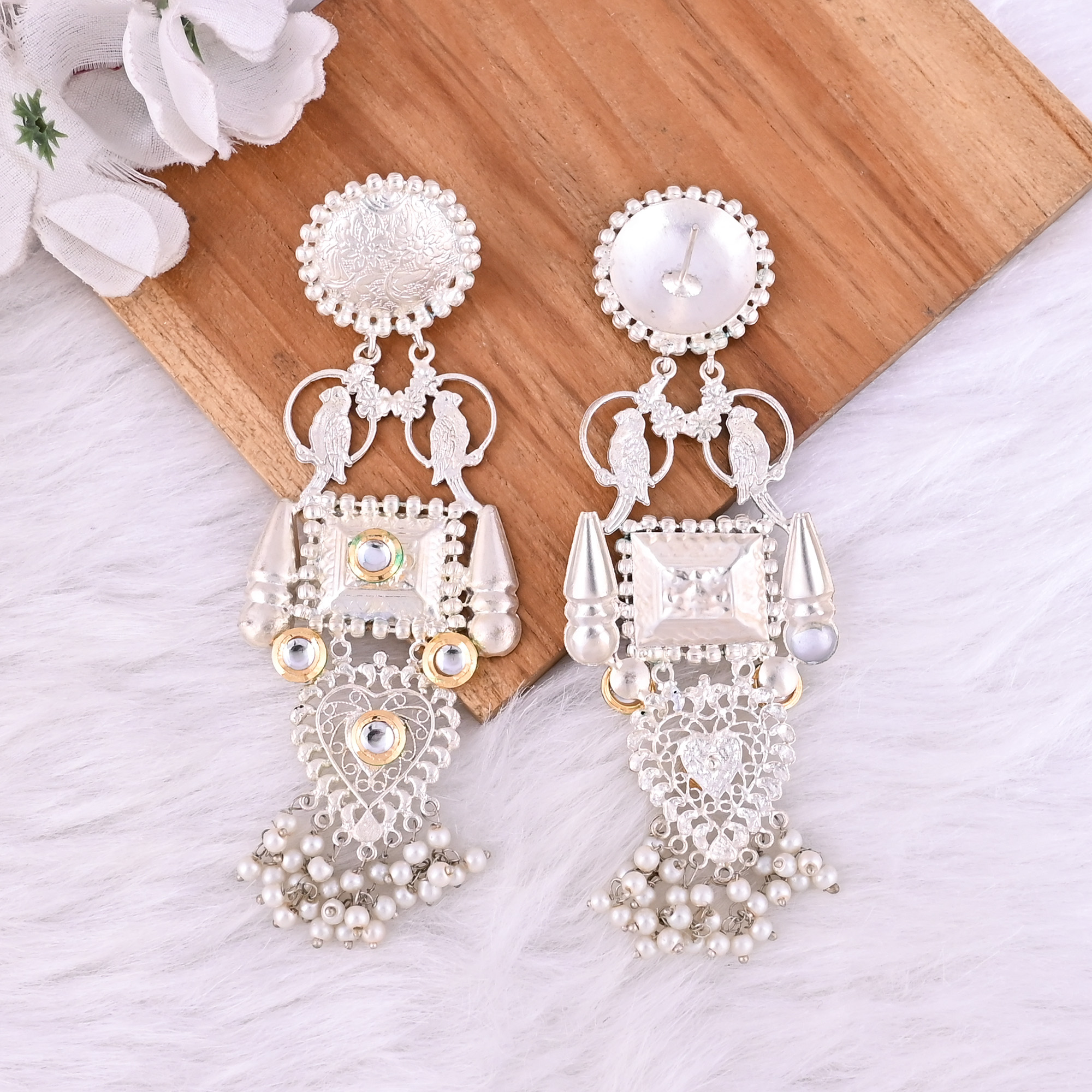 Kundan Pearls Stone German Silver Ethnic Design Dangle Earring